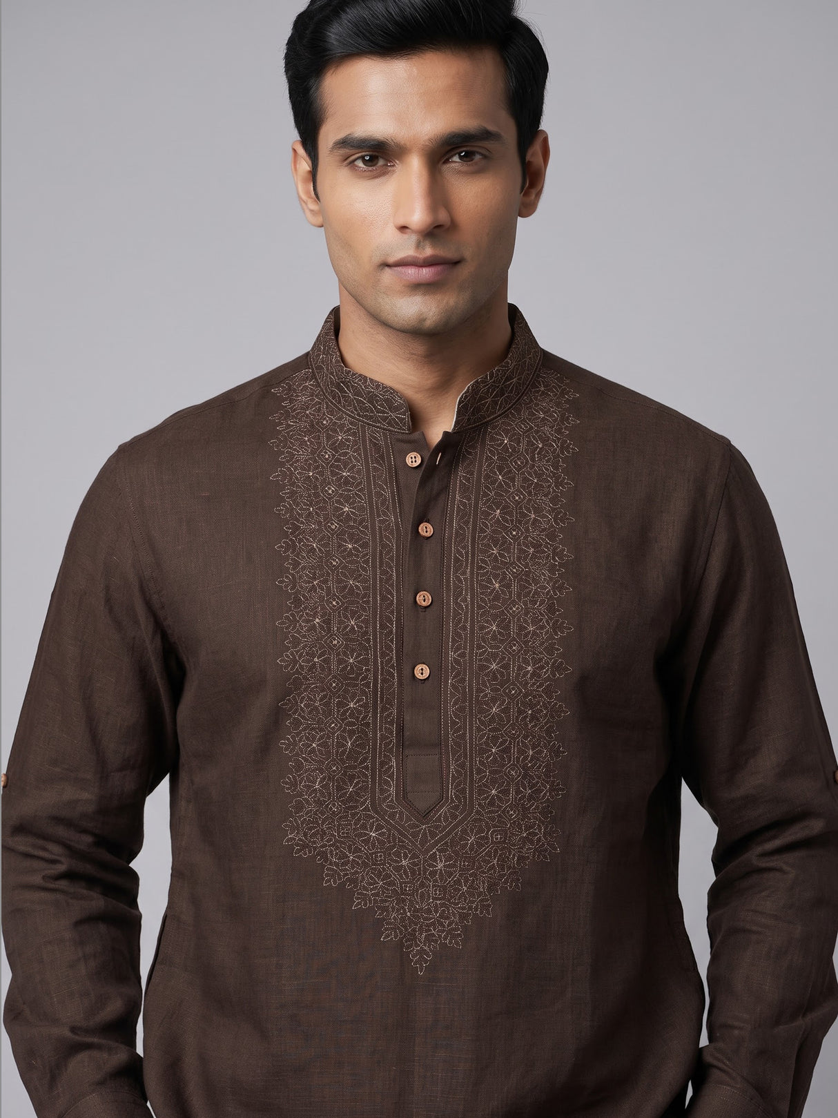 Coffee brown cotton linen mens short kurta with embroidery