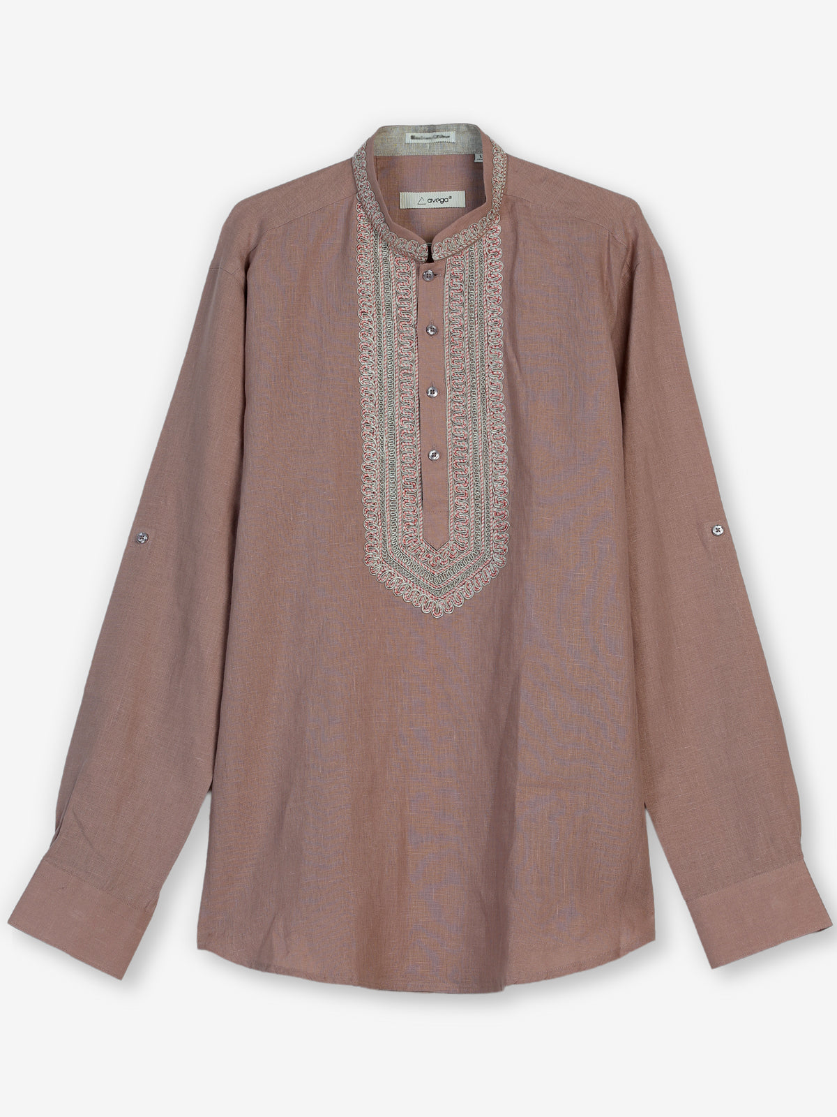 Dusty peach cotton linen mens short kurta with threadwork