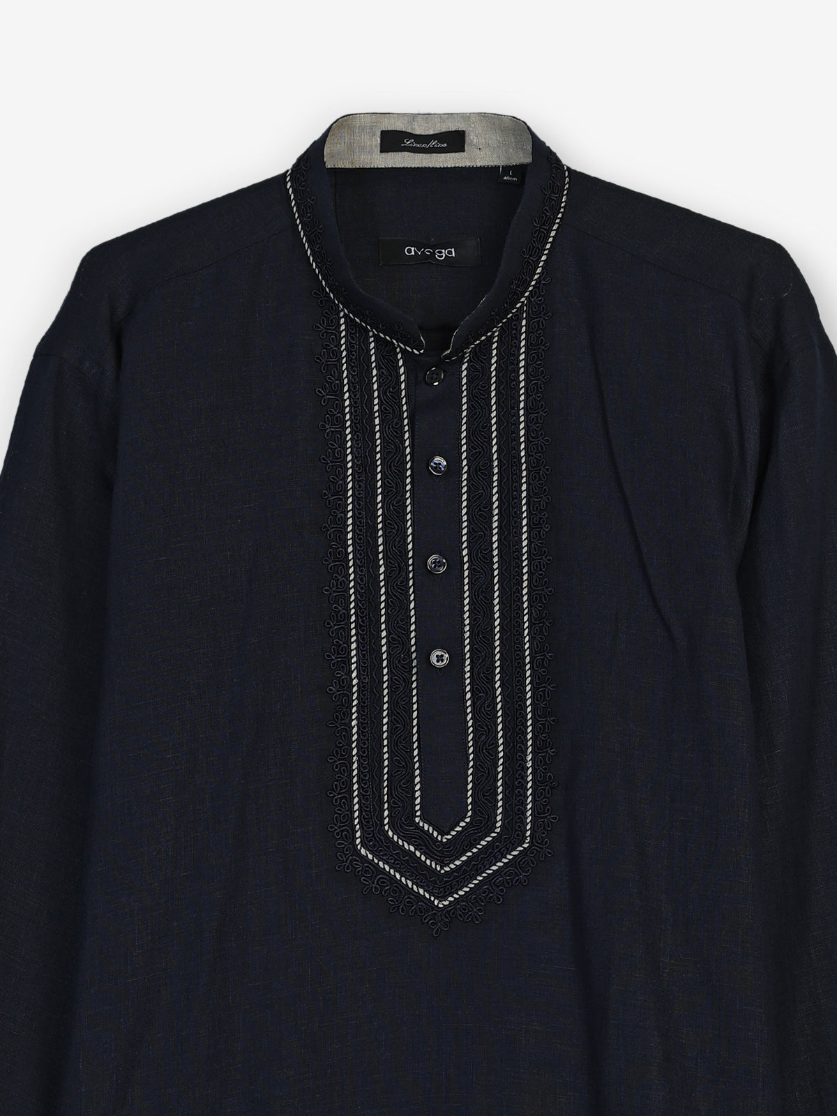 Navy cotton linen mens short kurta with threadwork