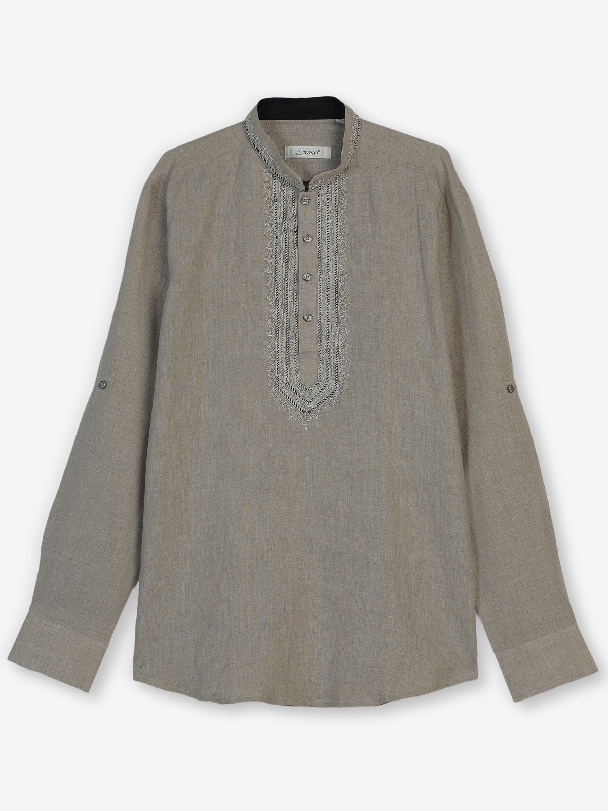 Beige cotton linen mens short kurta with elegant threadwork