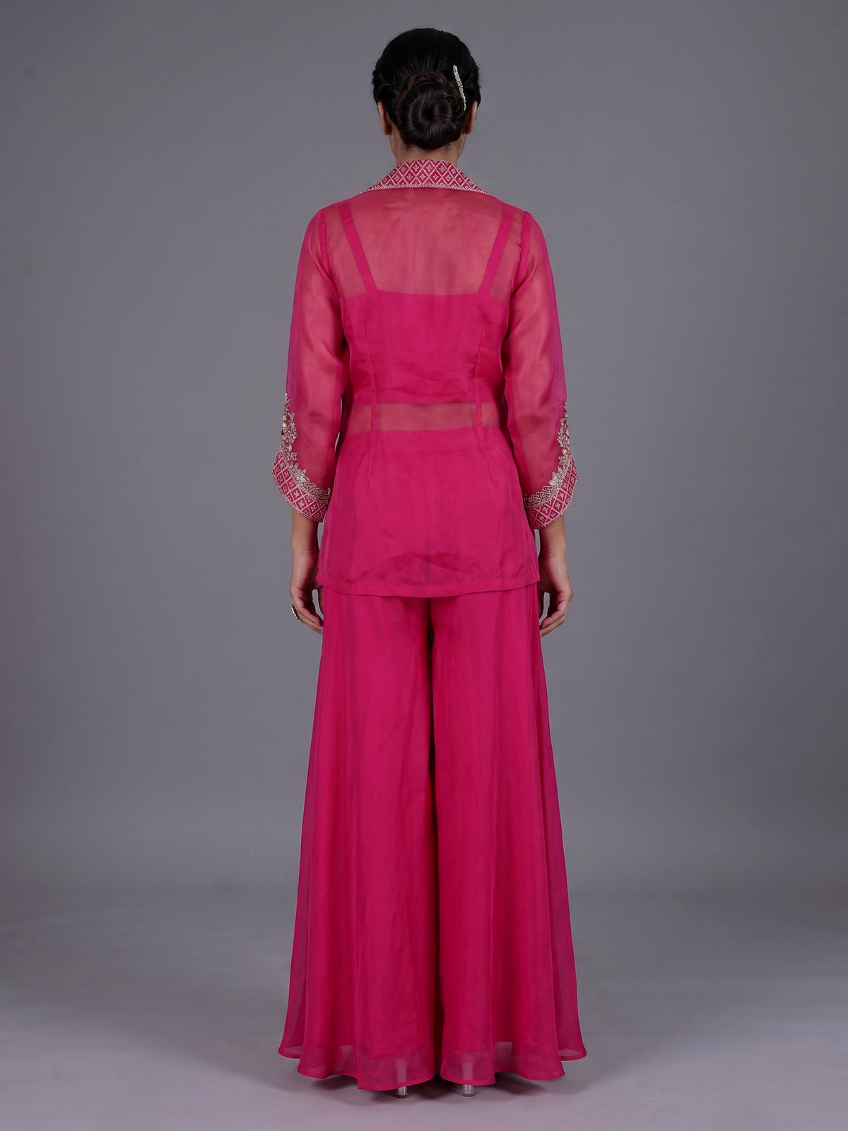Rani pink tissue silk palazzo suit with collar neckline