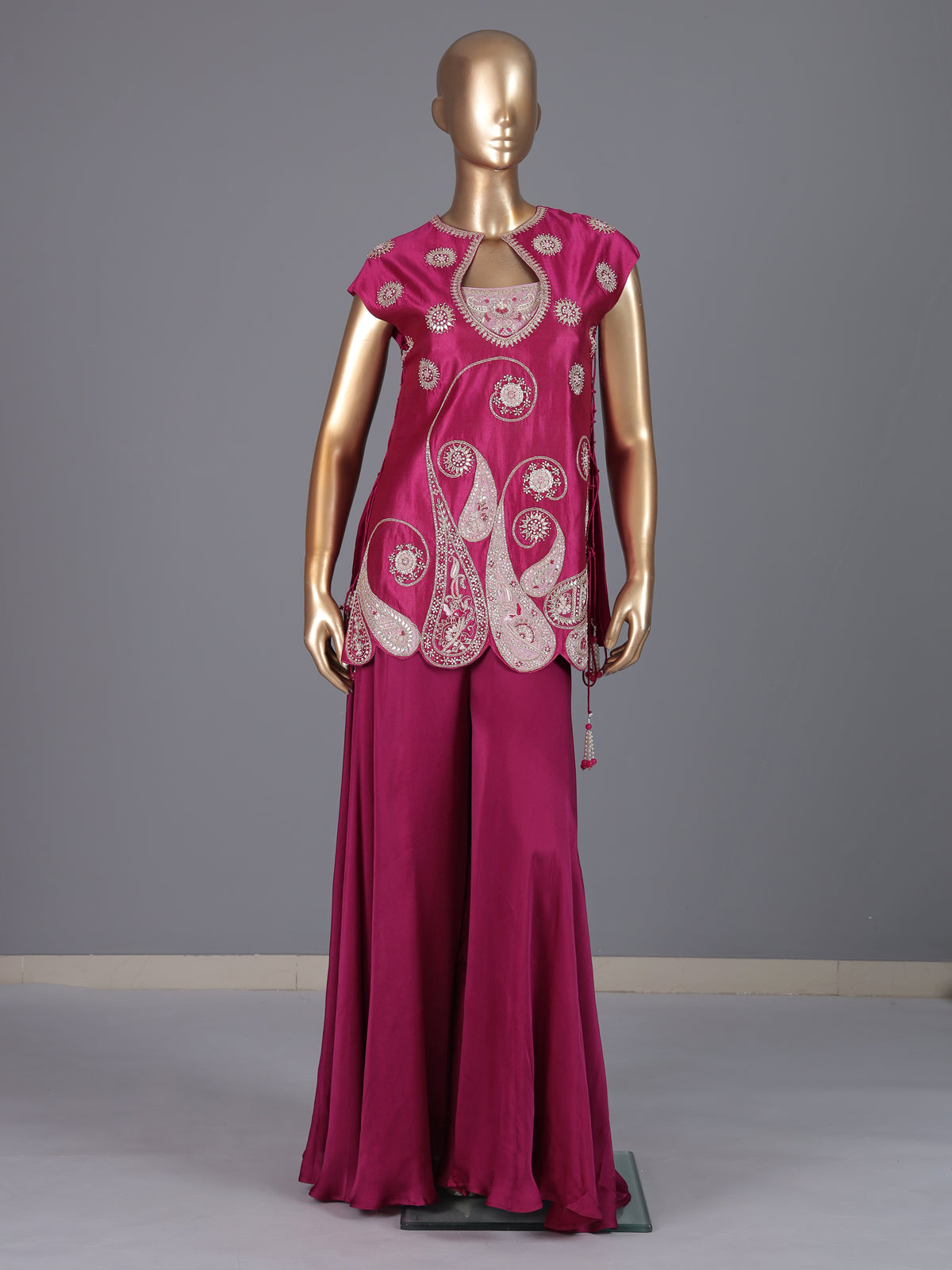 Rani pink satin silk palazzo suit for wedding celebration