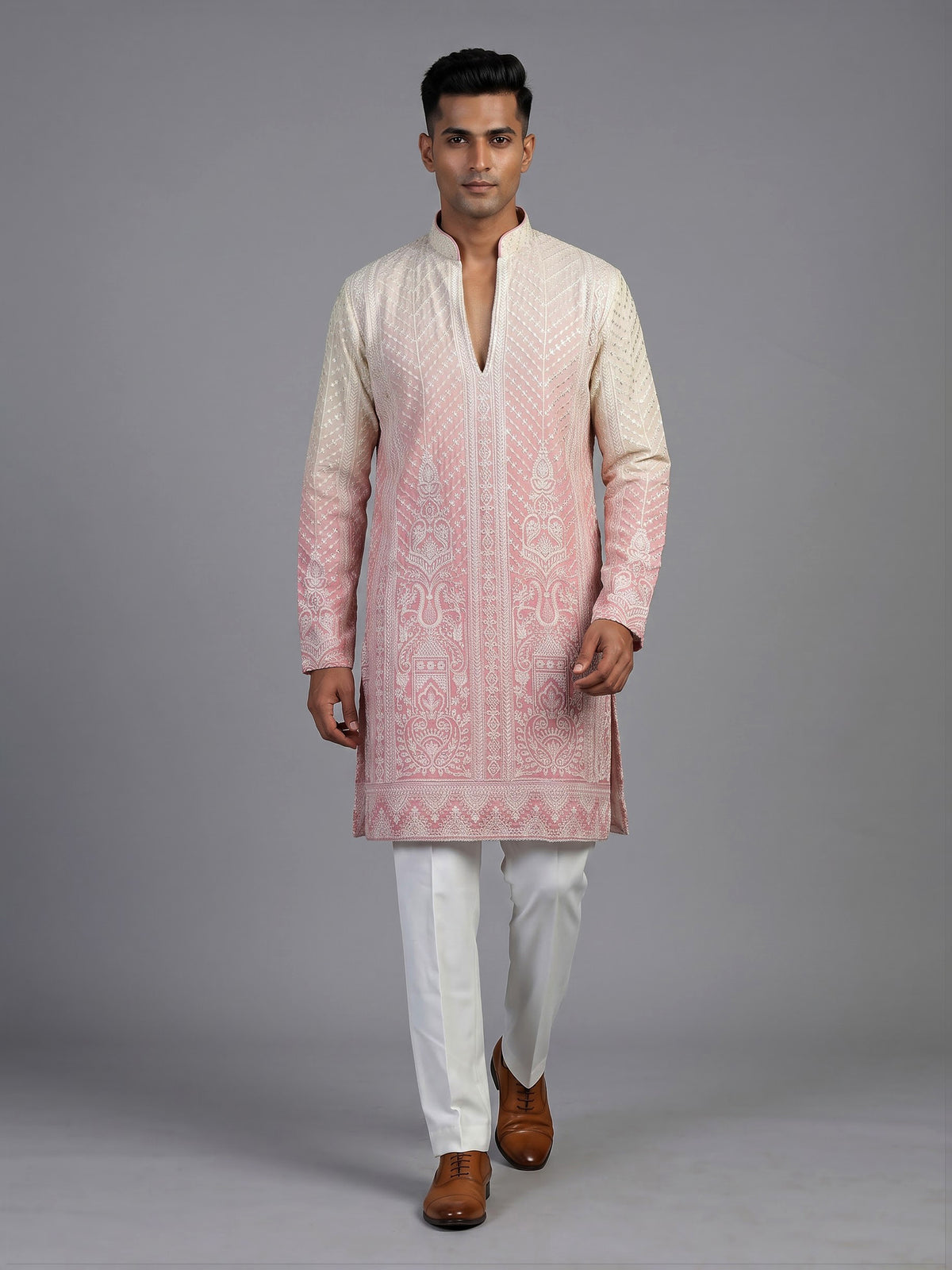 Cream pink silk mens kurta suit with shaded festive elegance