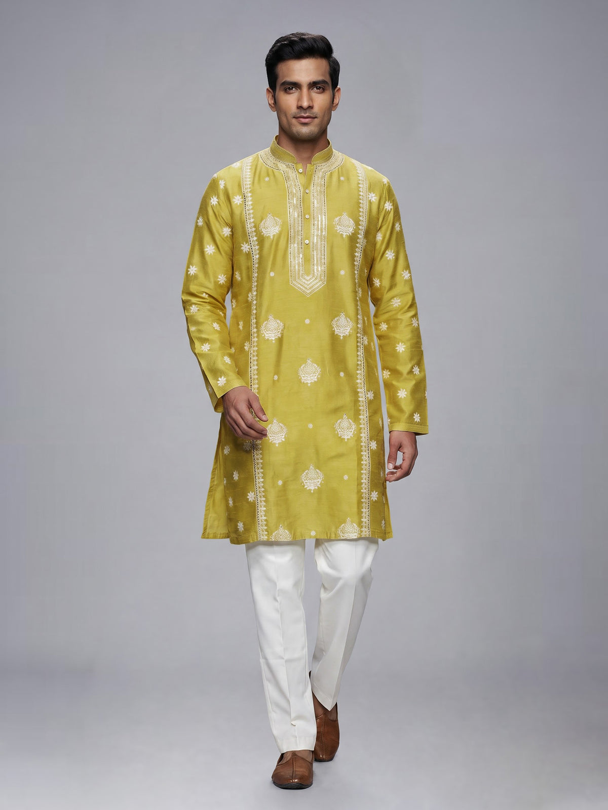 Mehendi green raw silk mens kurta suit with elegant butti work