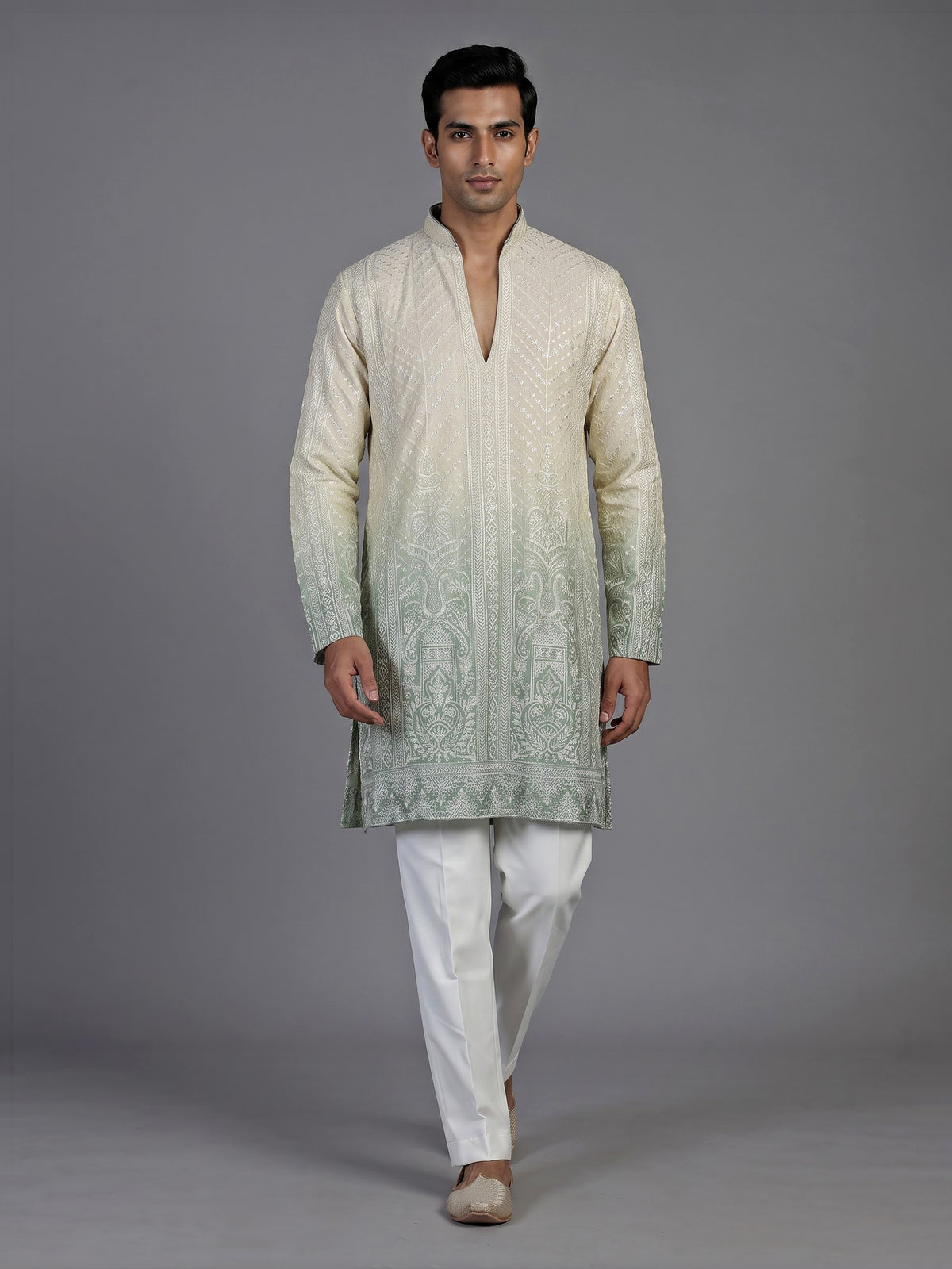 Cream green silk mens kurta suit with graceful shaded detailing