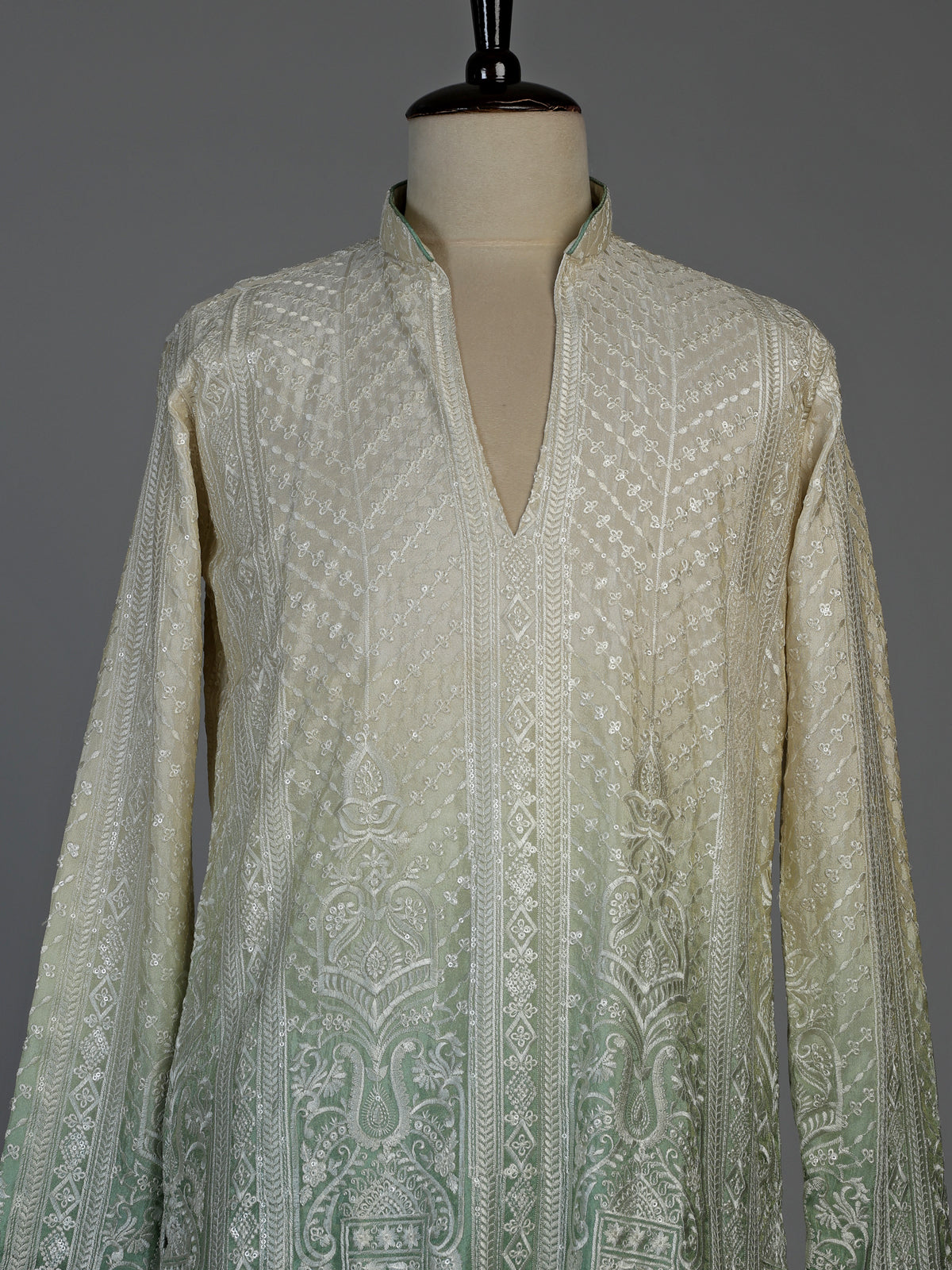 Cream green silk mens kurta suit with graceful shaded detailing
