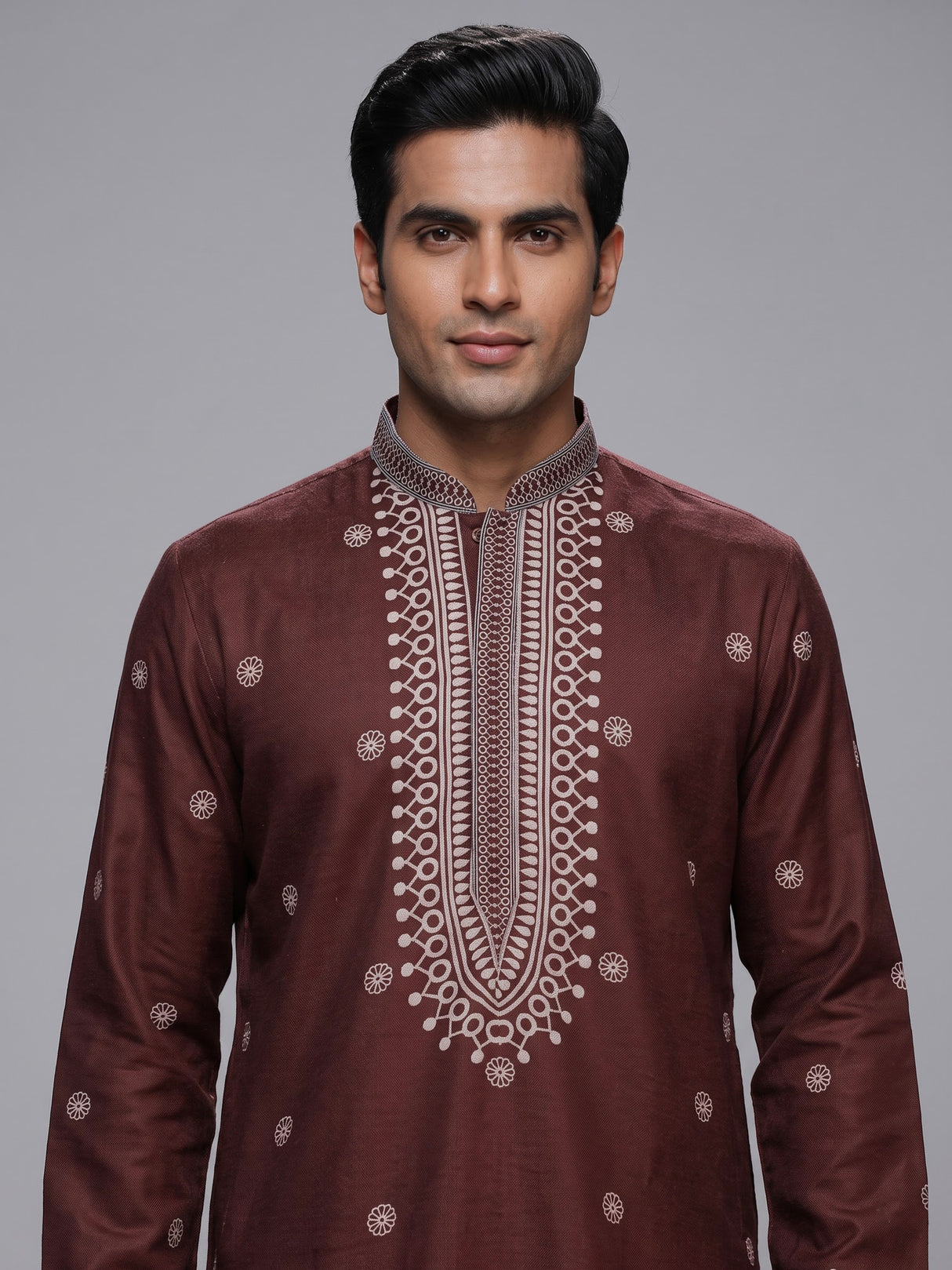 Brown cotton silk mens kurta suit with elegant printed design