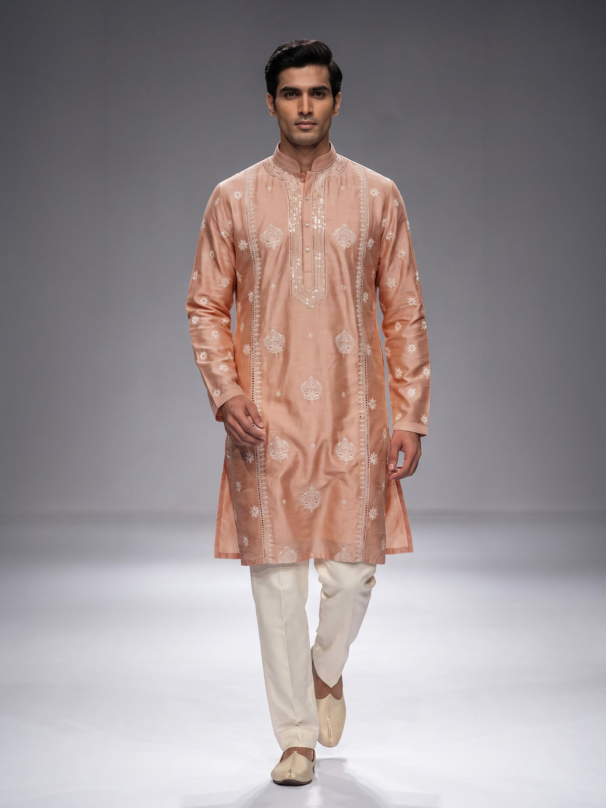 Light pink raw silk mens kurta suit with intricate sequin and butti work