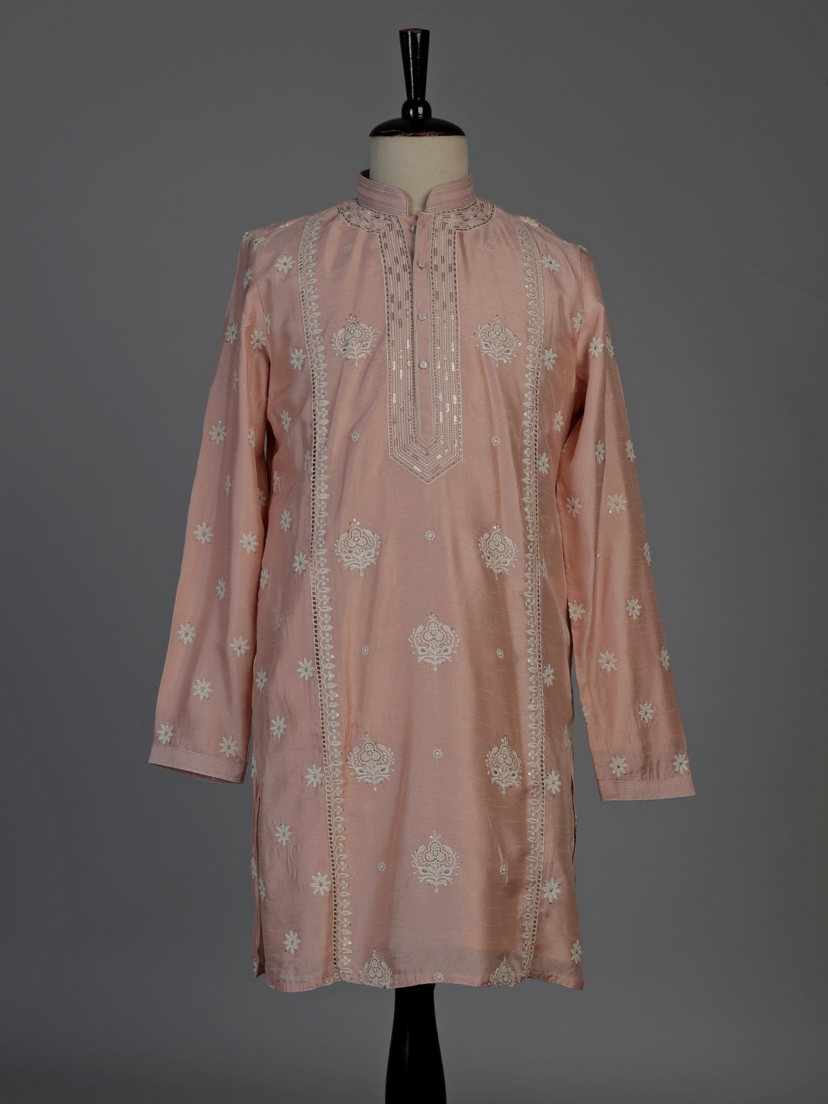 Light pink raw silk mens kurta suit with intricate sequin and butti work