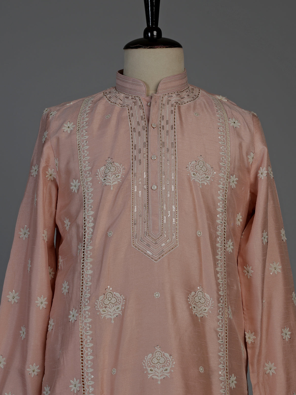Light pink raw silk mens kurta suit with intricate sequin and butti work