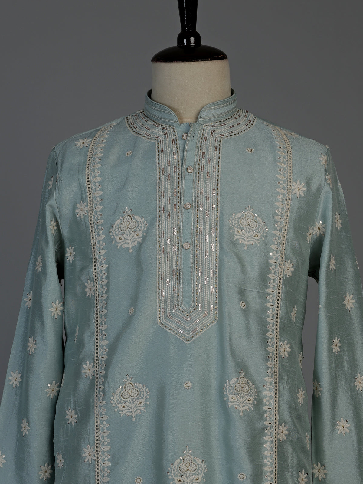 Mint blue raw silk mens kurta suit with graceful butti detailing