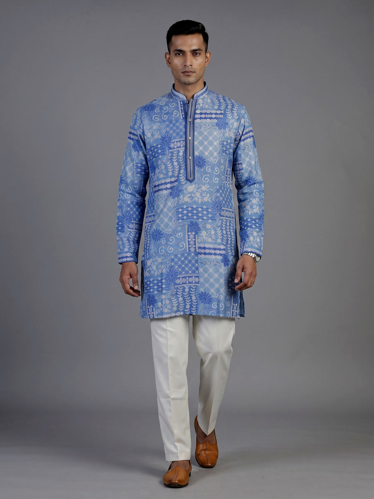 Blue silk mens kurta suit with printed dupatta and threadwork