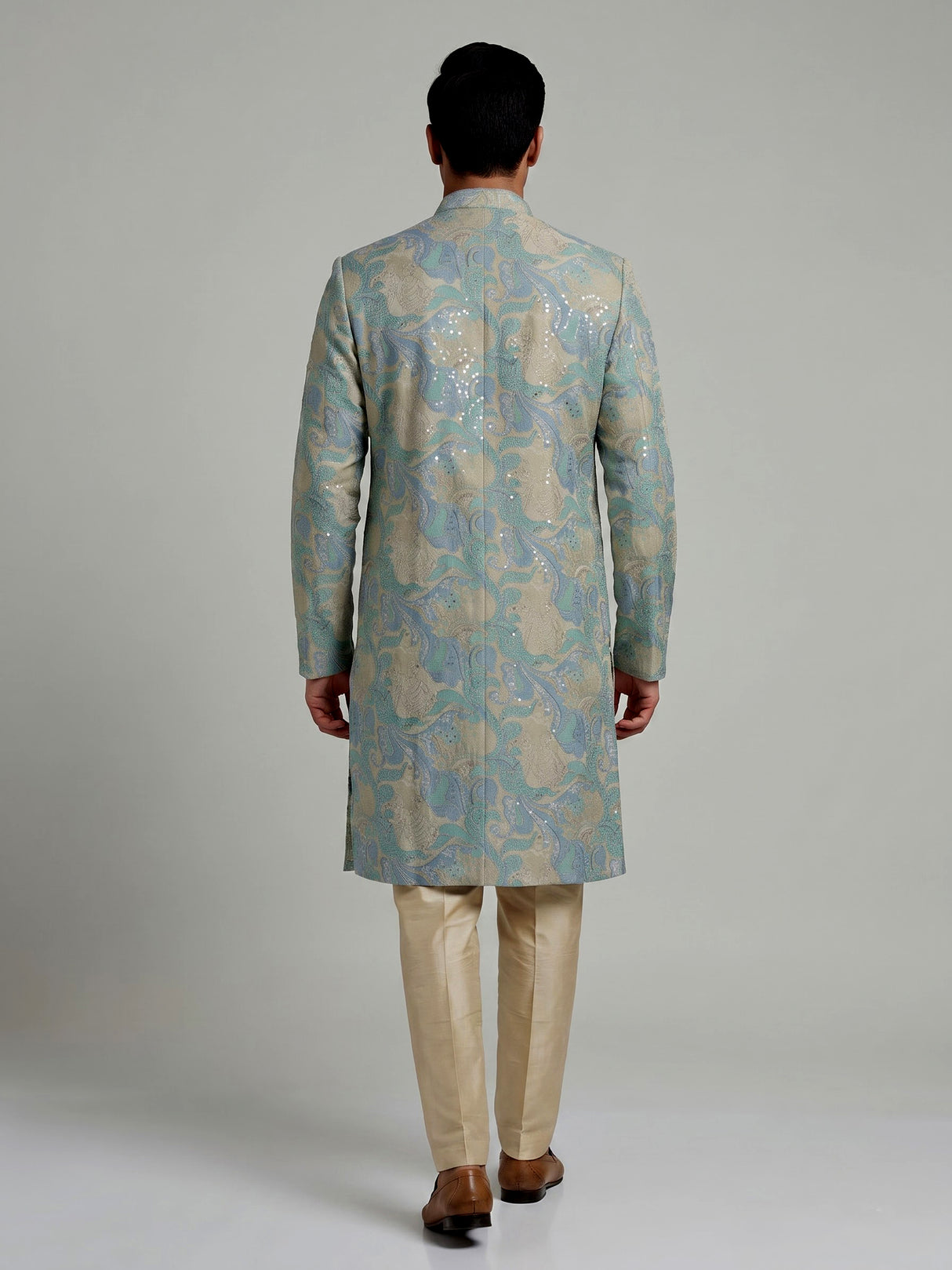 Blue beige silk mens kurta suit with printed sequined detailing