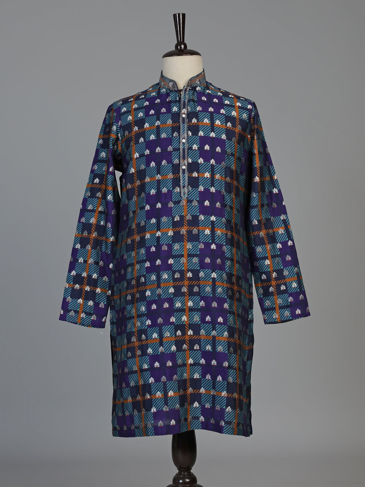 Blue gajji silk mens kurta suit with printed dupatta and zari butti
