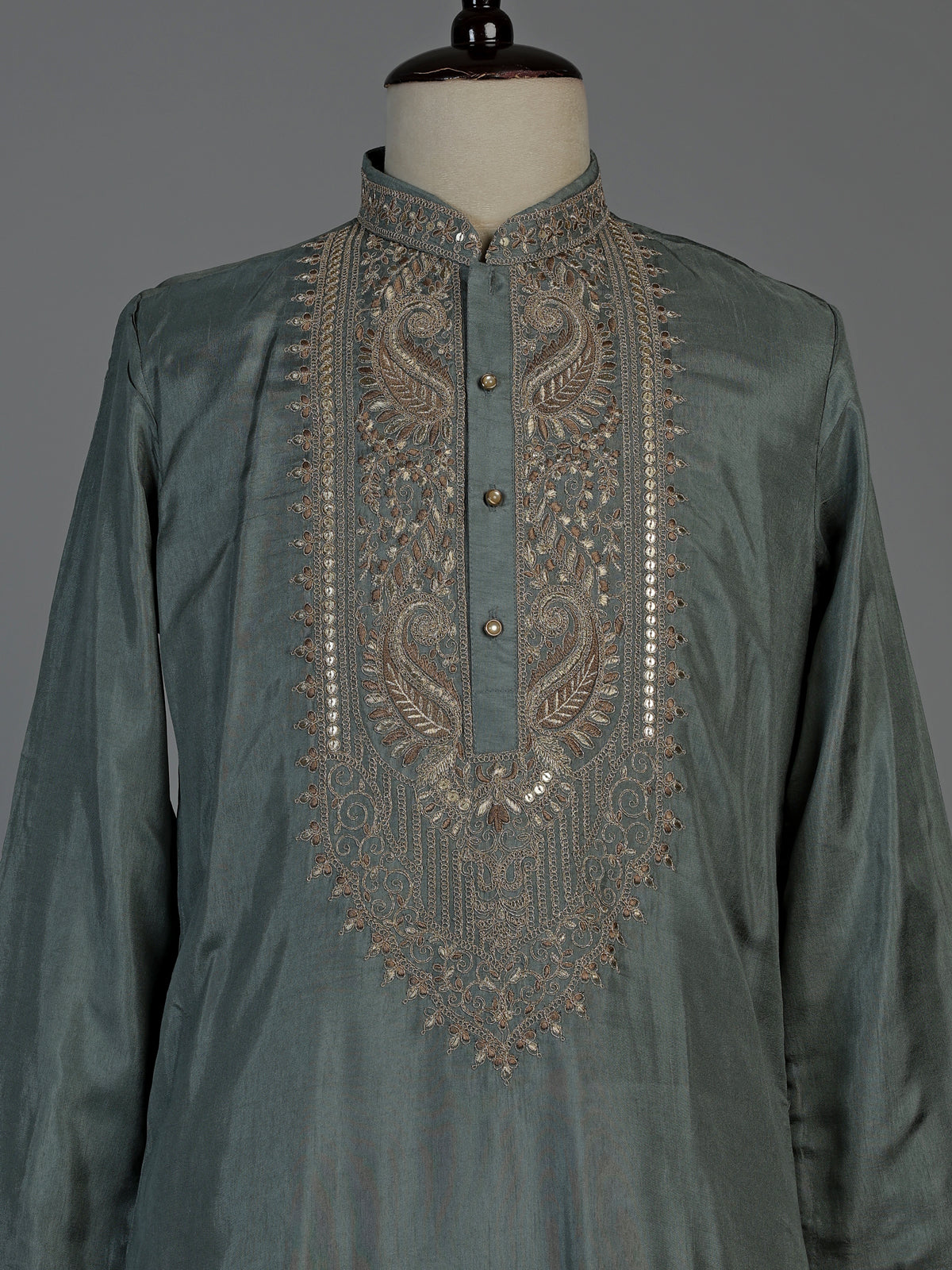 Stone grey silk mens kurta suit with elegant embroidery and sequins