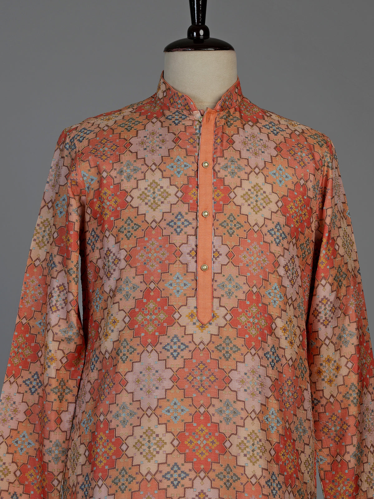 Dark peach pure silk mens kurta suit with stylish printed finish