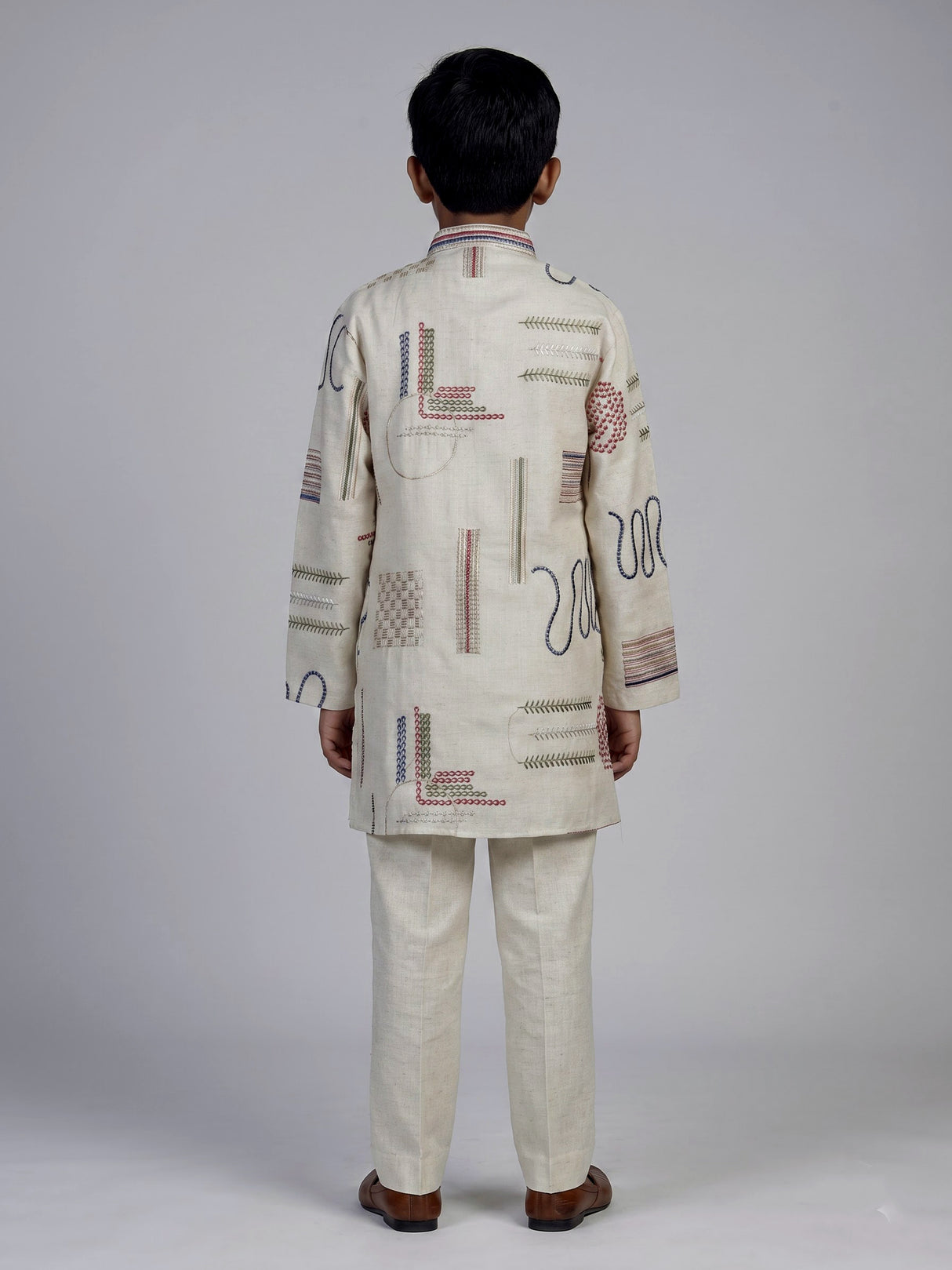 Cream folk kantha embroidered boys kurta suit