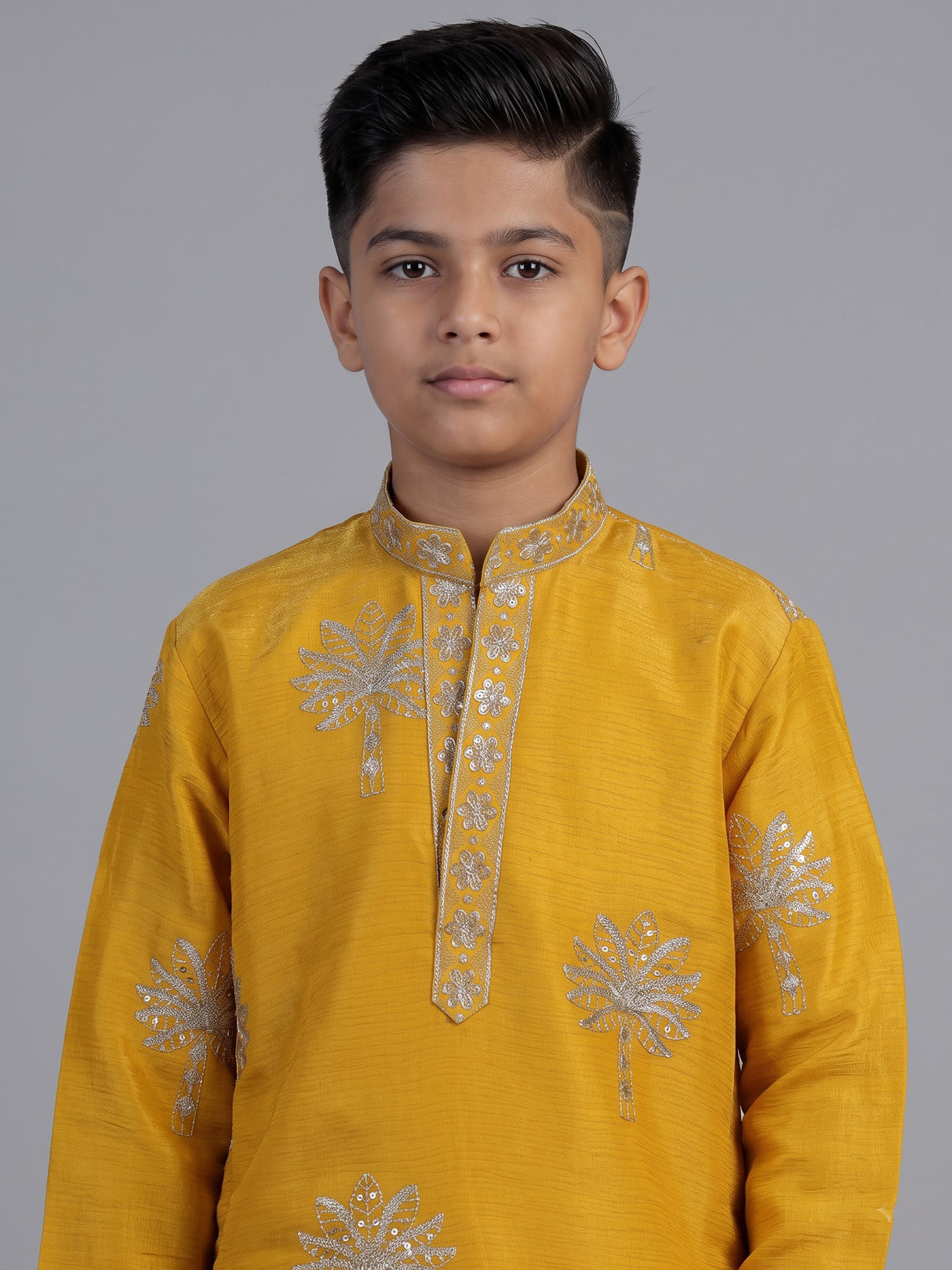 Yellow palm tree embroidered boys kurta suit