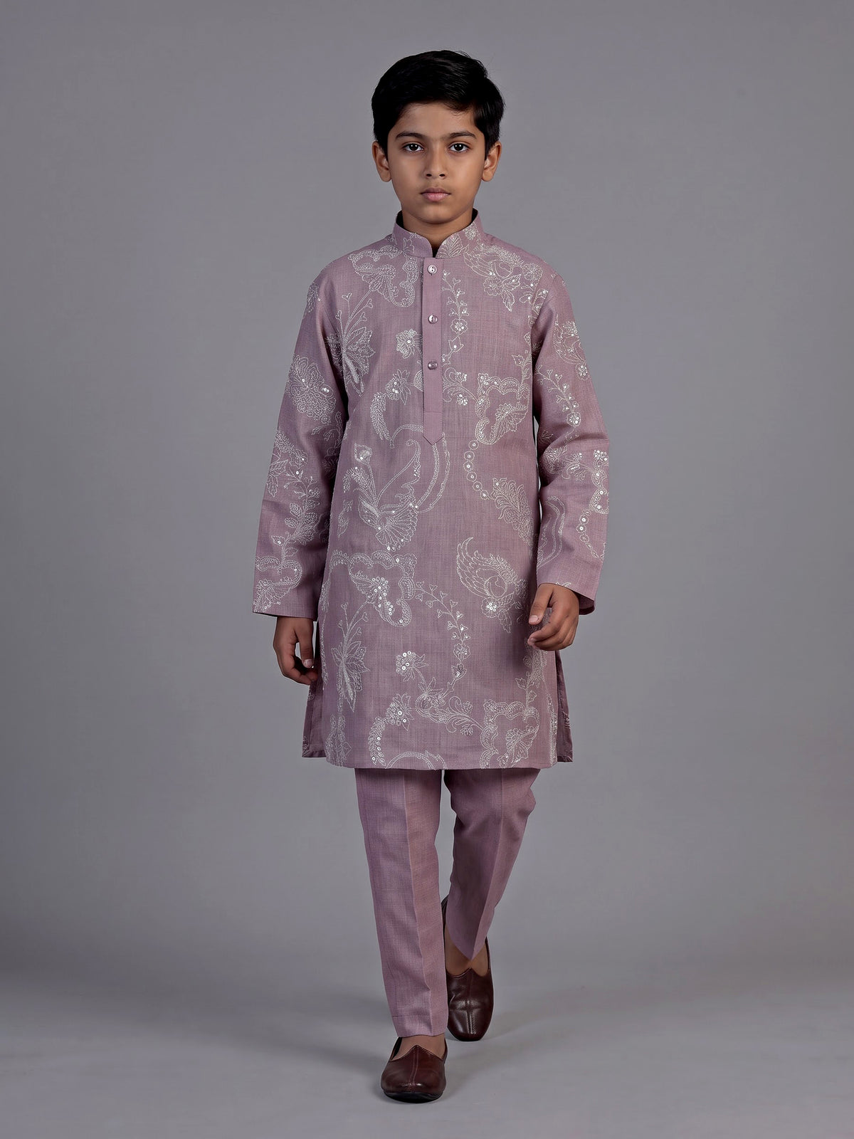Lilac purple kashmiri embroidered boys kurta suit