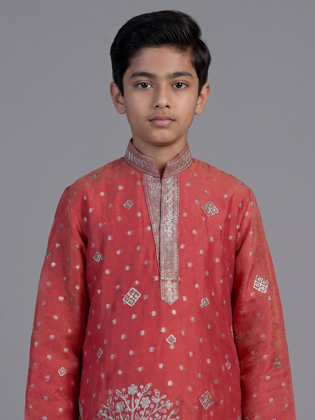 Pastel peach chanderi silk boys kurta suit