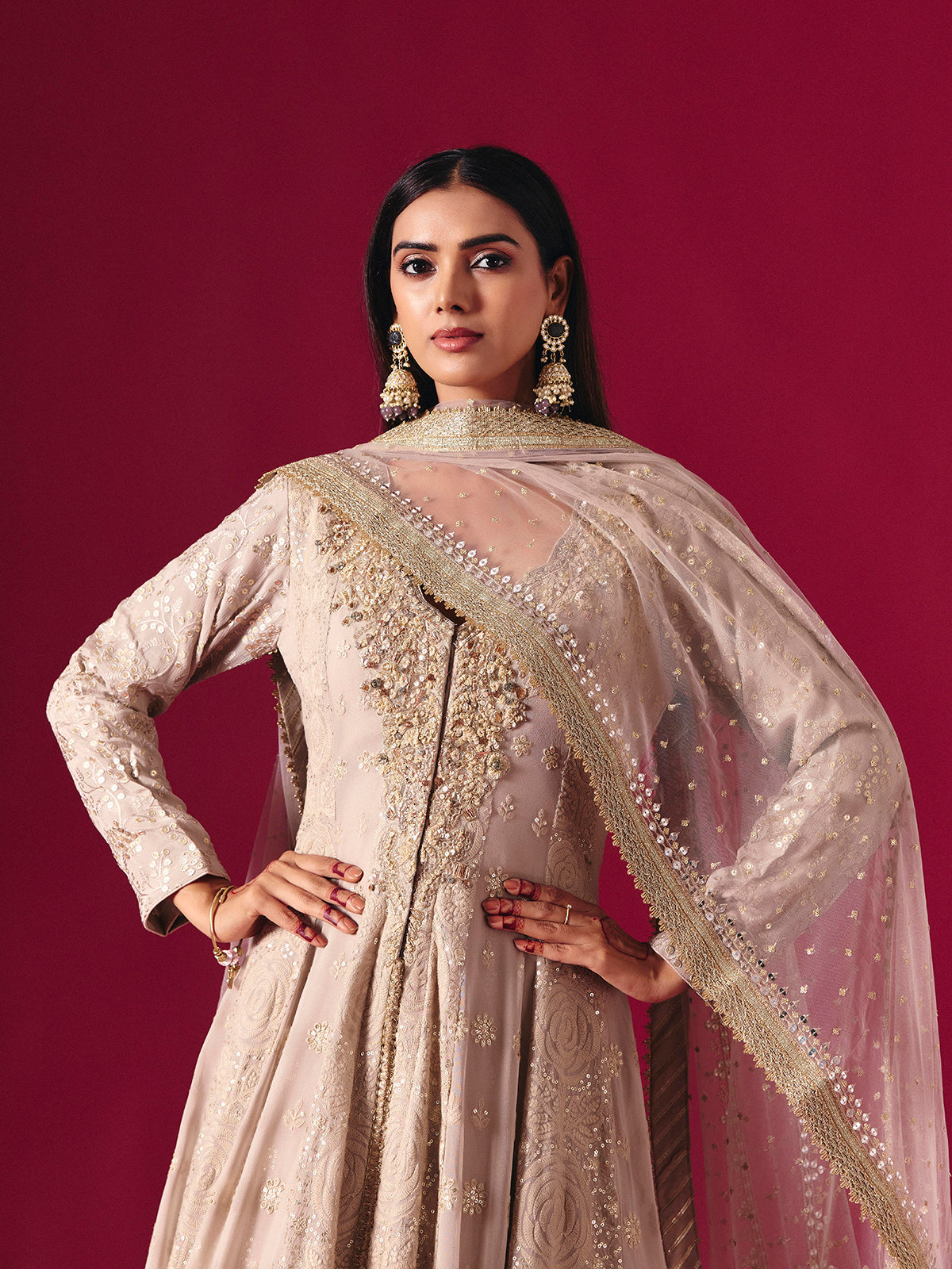 Elegant beige georgette salwar suit with embellished lehenga and dupatta