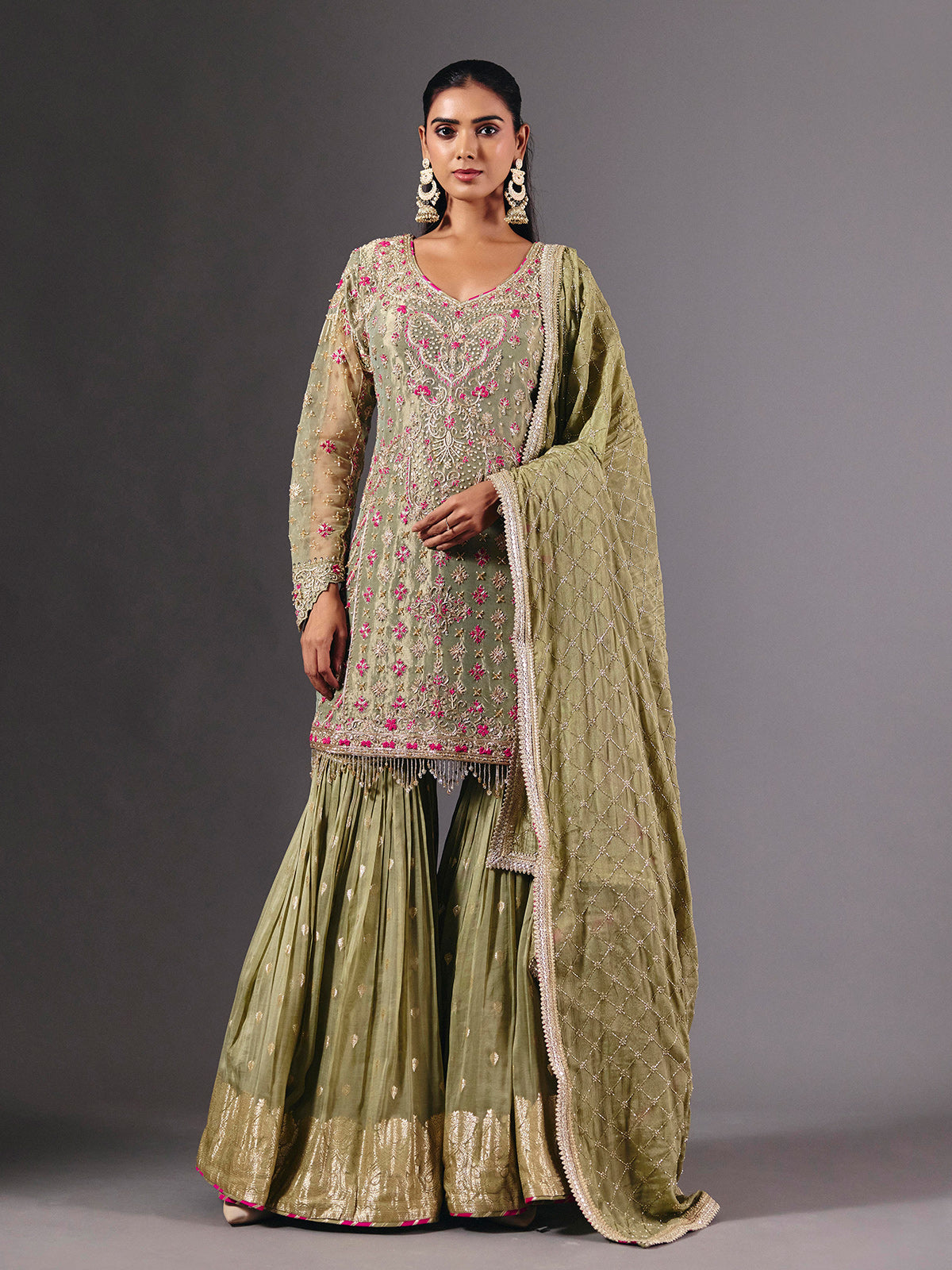 Green tissue silk sharara suit with zardosi and sequin embellishments