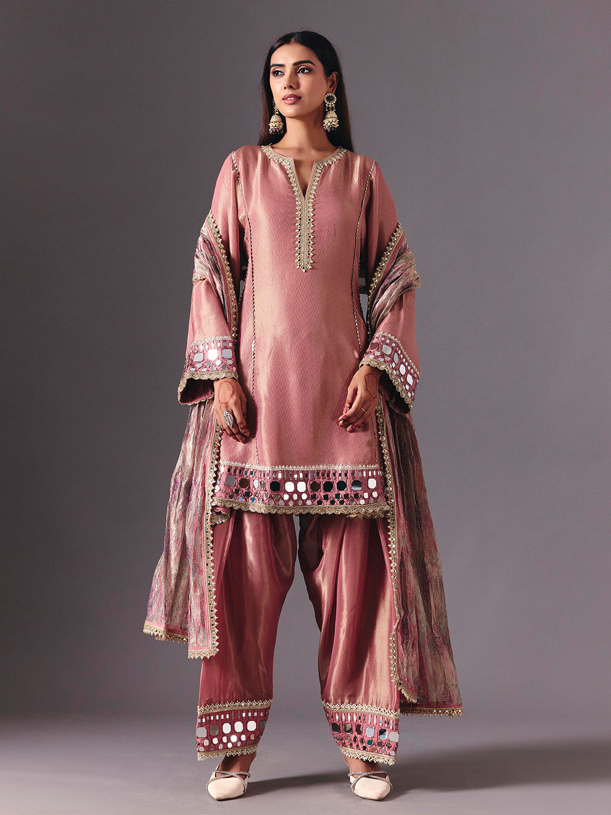 Onion pink silk salwar suit with resham artistry