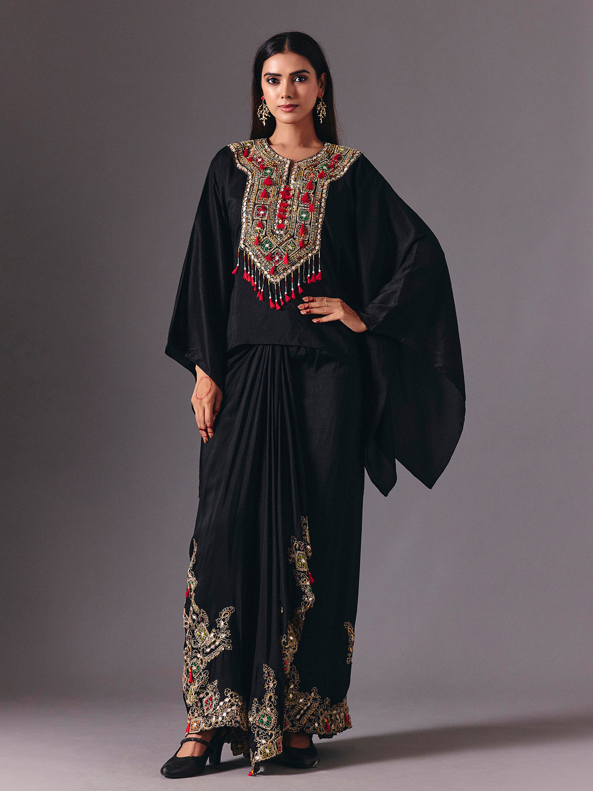 Black crepe silk indowestern suit with designer embellishments