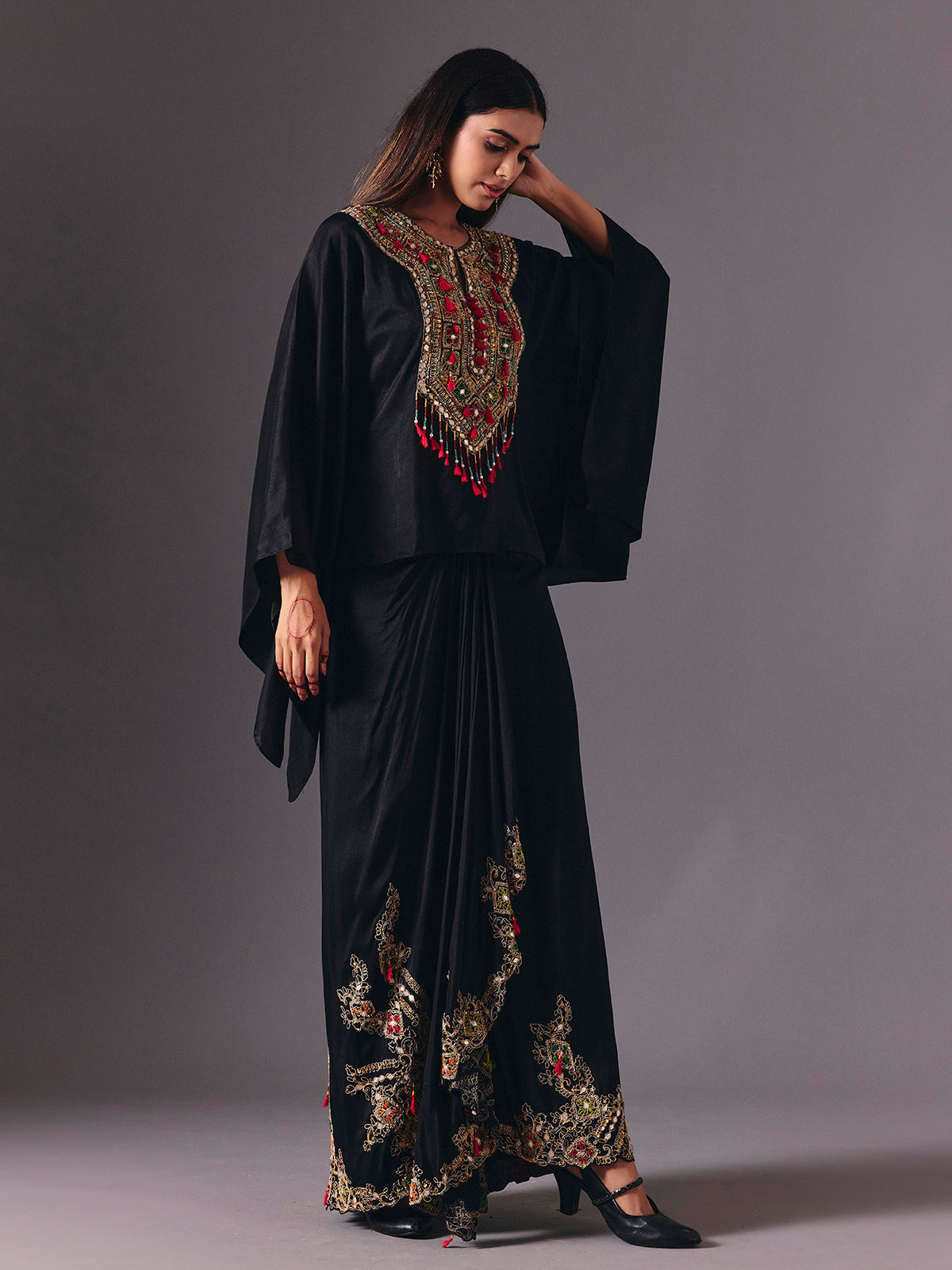 Black crepe silk indowestern suit with designer embellishments