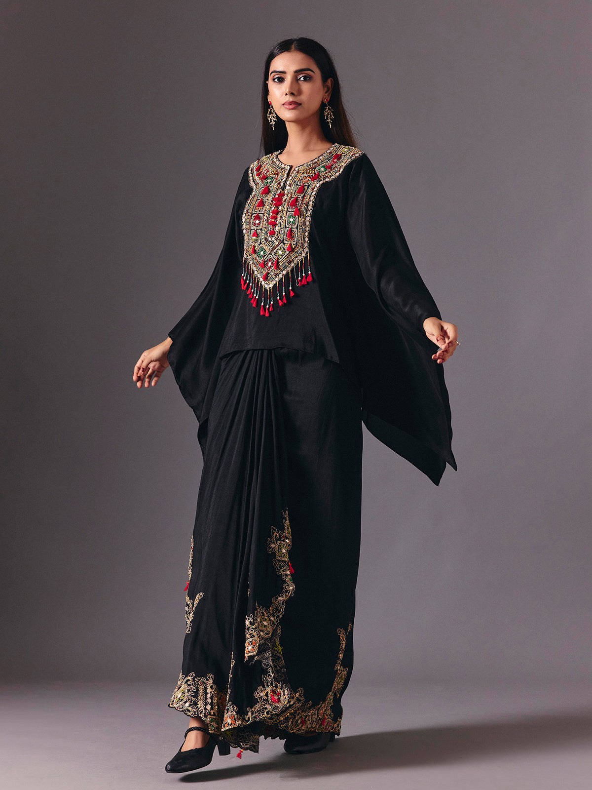 Black crepe silk indowestern suit with designer embellishments