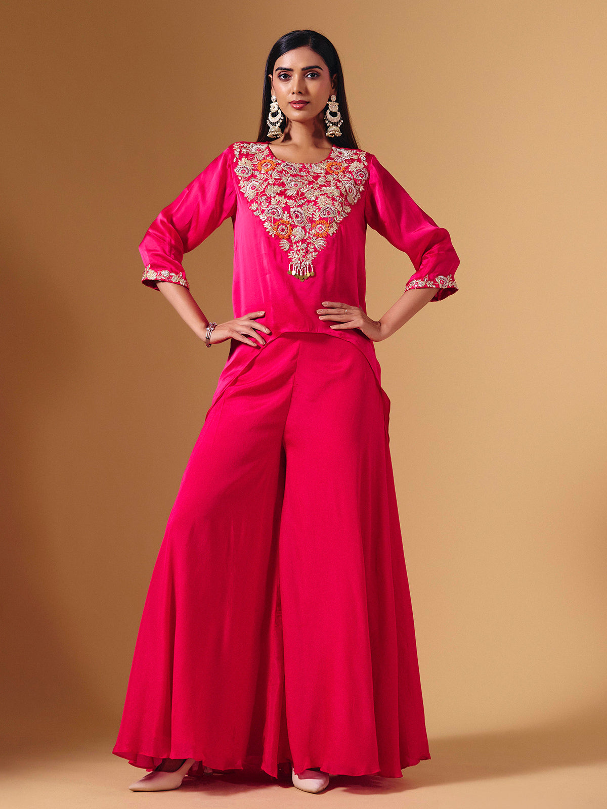 Elegant pink tissue silk palazzo suit with festive embellishments