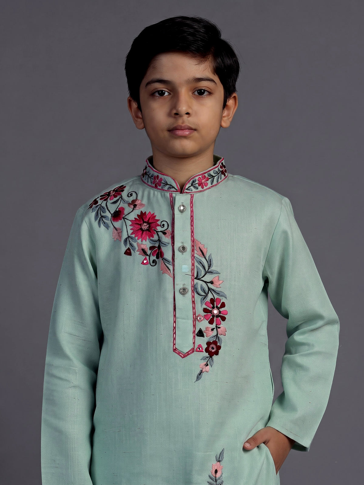 Mint green diagonal floral boys kurta suit