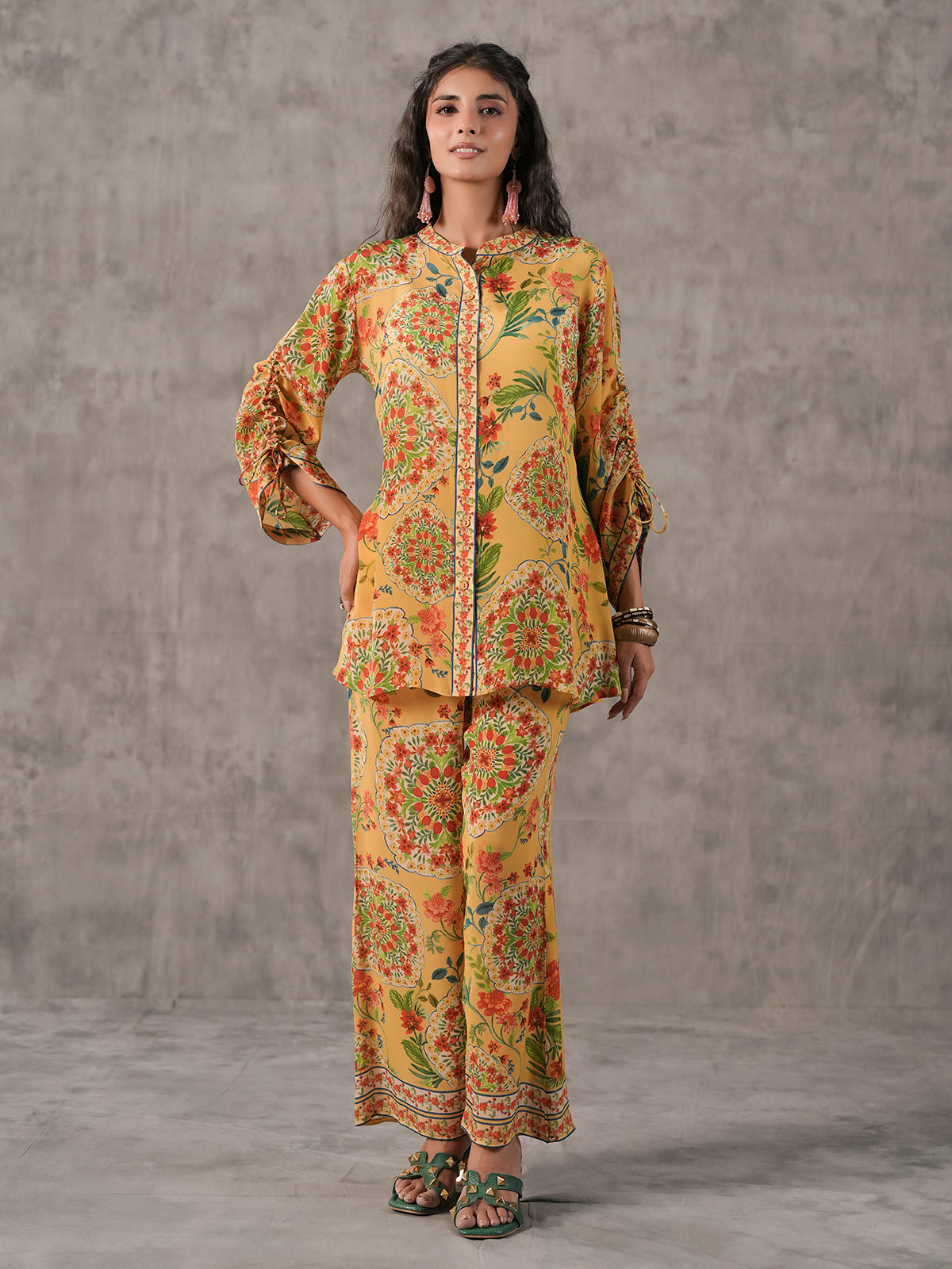 Beige floral printed stand collar palazzo co ord set