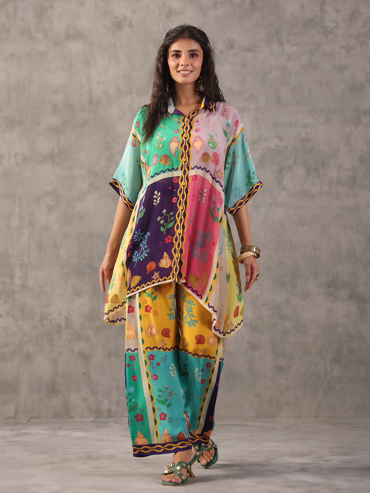 Multicolor quirky sequined printed co ord set