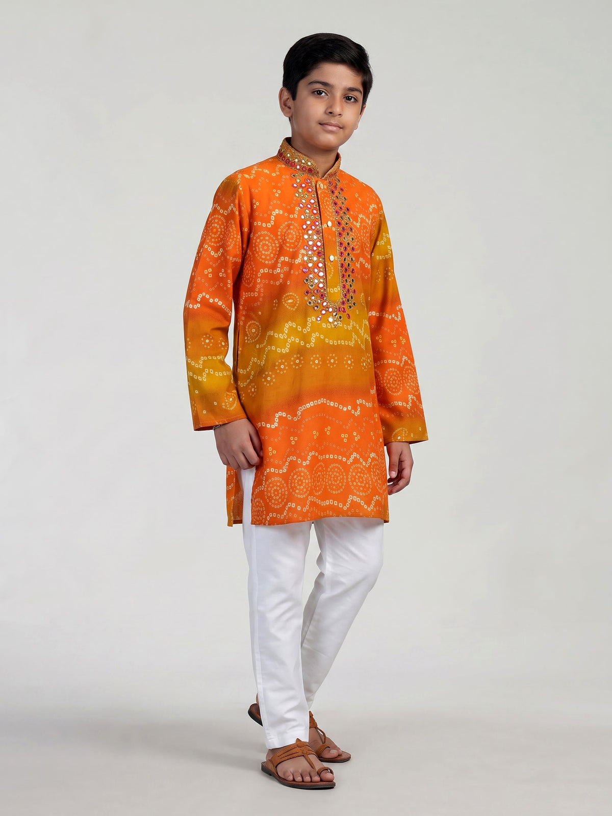 Marigold yellow bandhani boys kurta suit