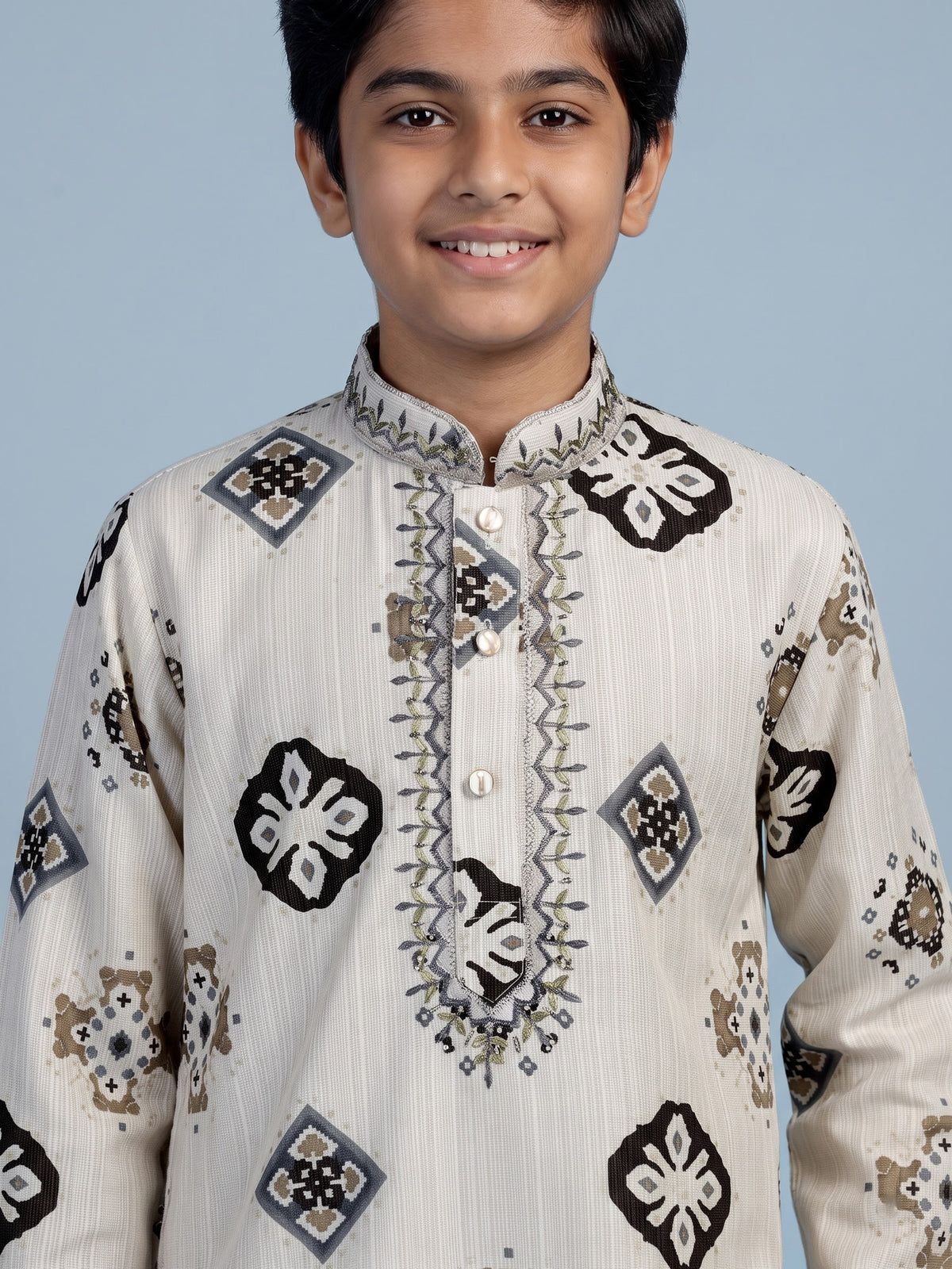 Off white geometric patola boys kurta suit