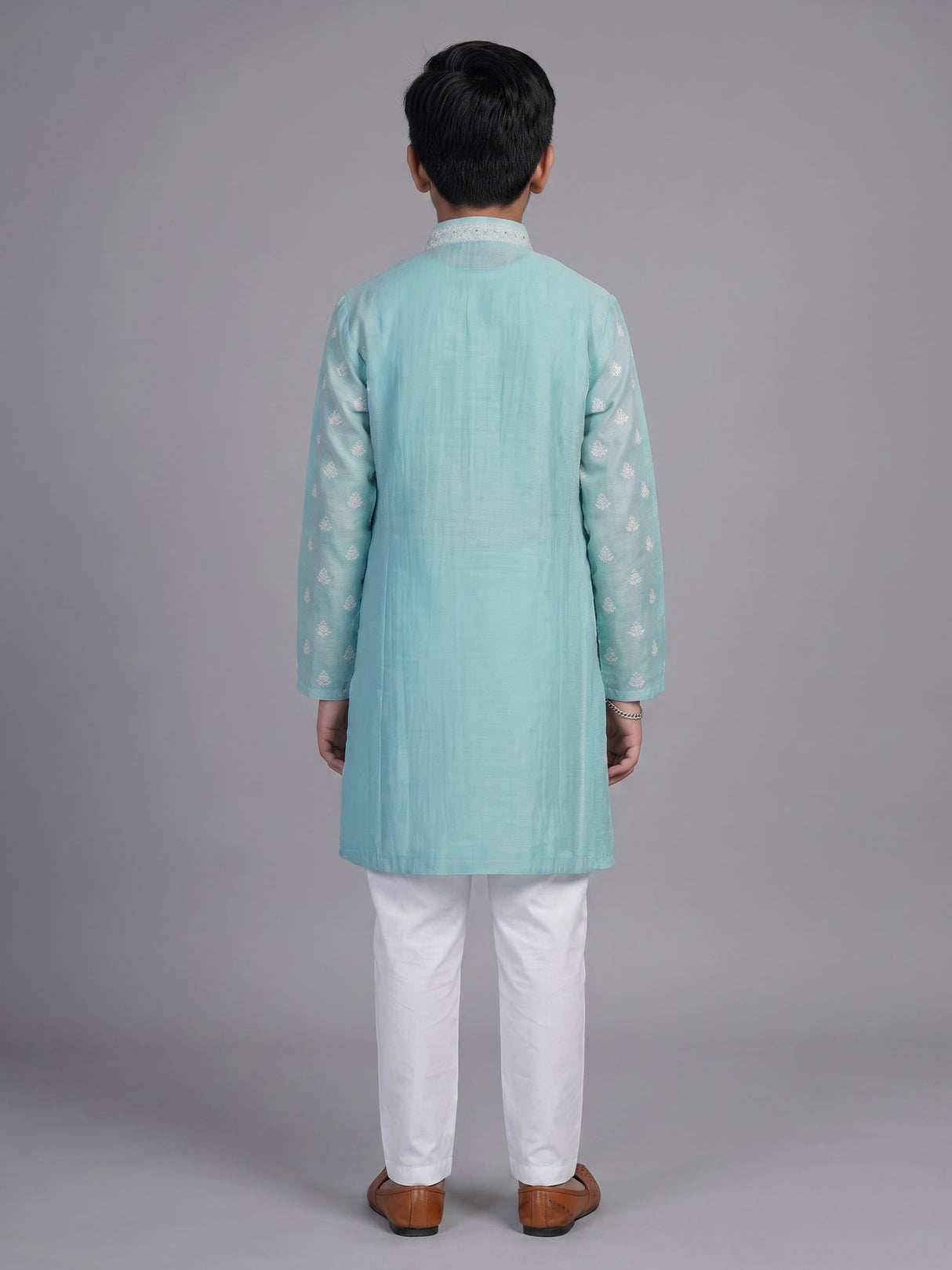 Sky blue floral embroidered boys kurta suit