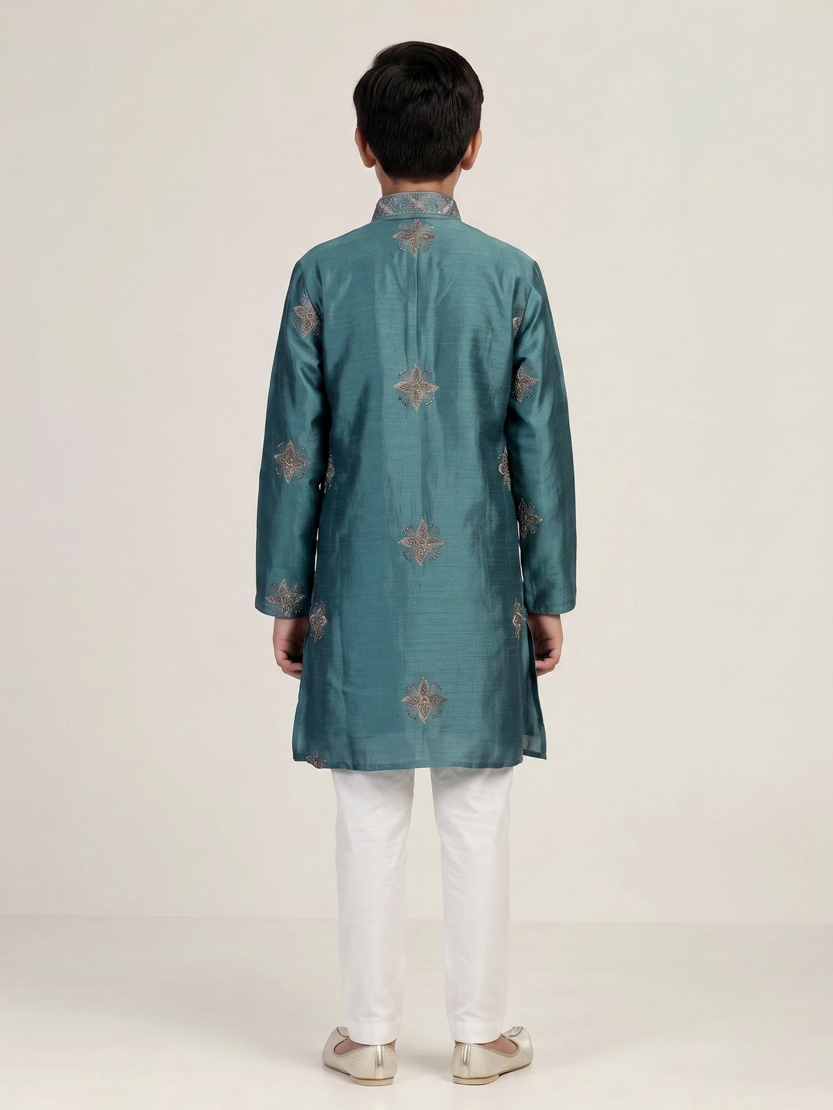 Deep teal blue starburst embroidered boys kurta suit