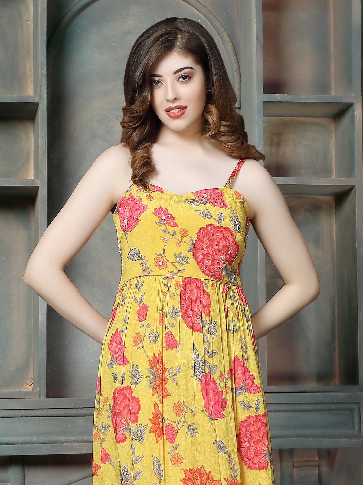 Sunflower yellow peony printed women maxi dress
