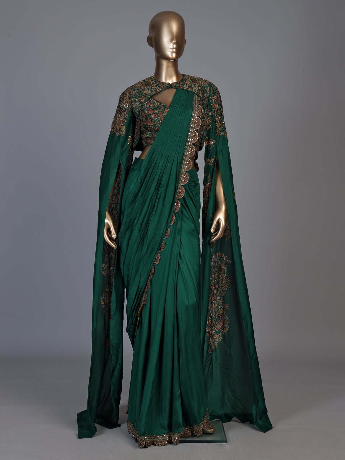 Bottle green cape style ready to wear saree for women