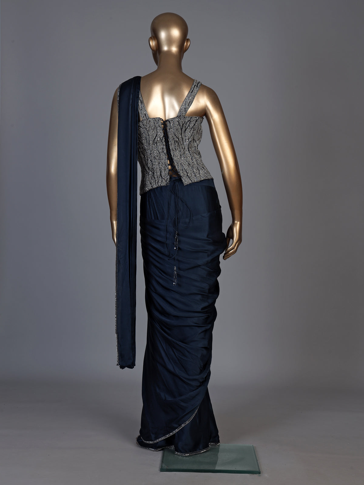 Navy blue crystal drape ready to wear saree for women