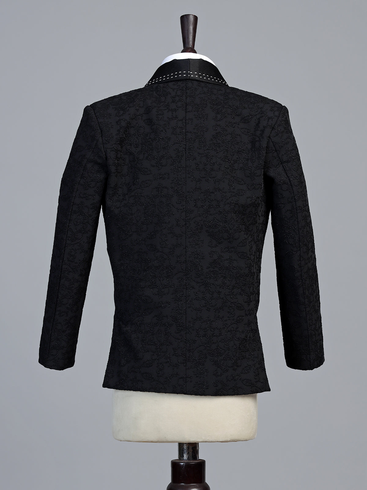 Black floral brocade shawl collar coat suit