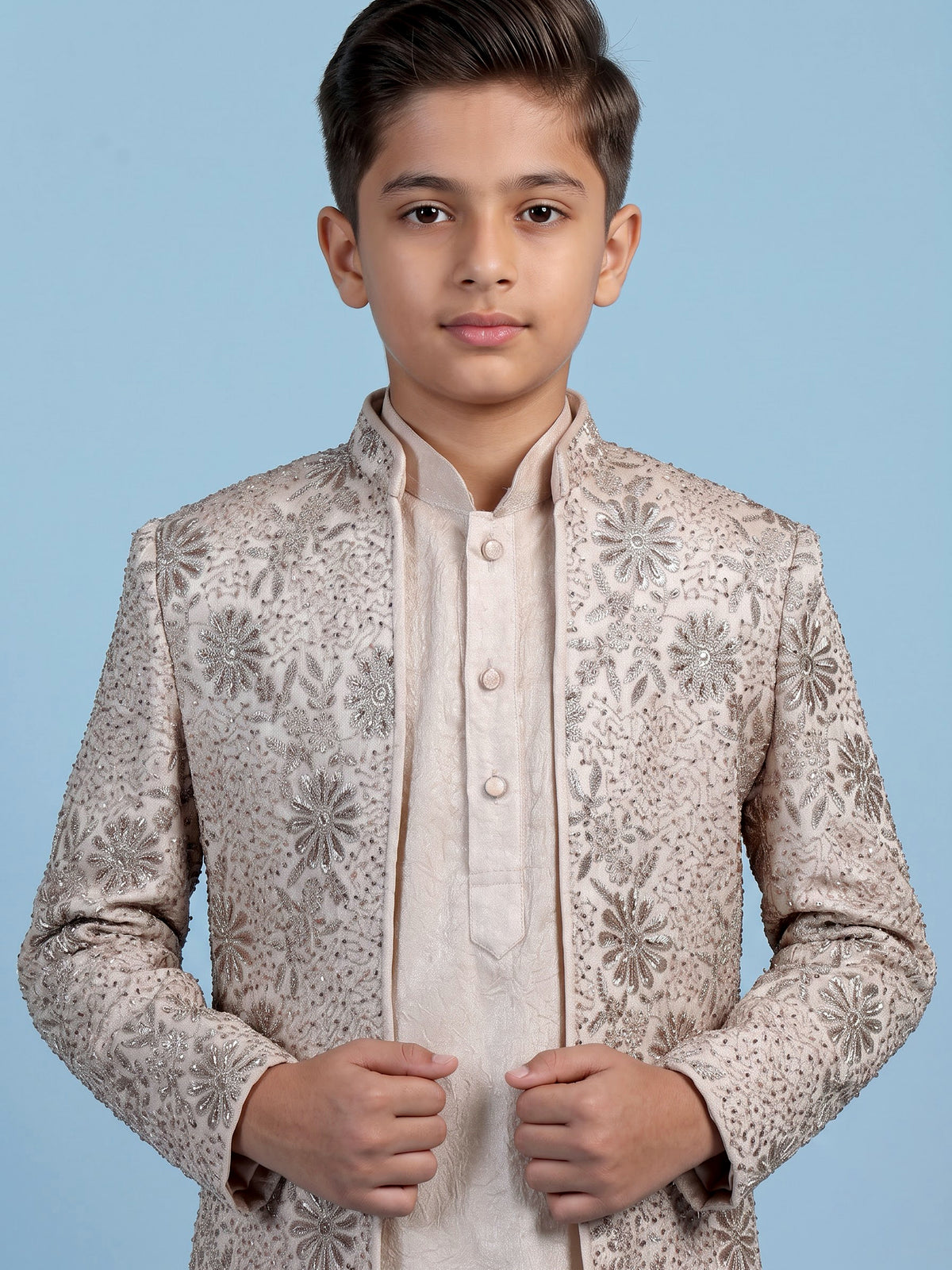 Cream embroidered dupioni silk indo western