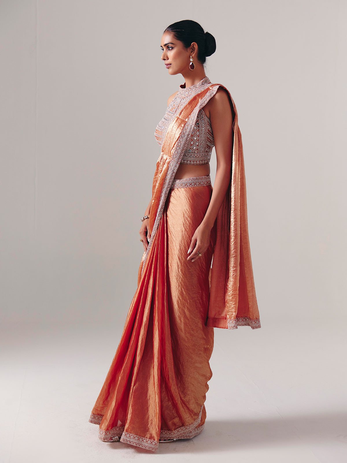 Orange chiffon silk ready to wear saree for reception
