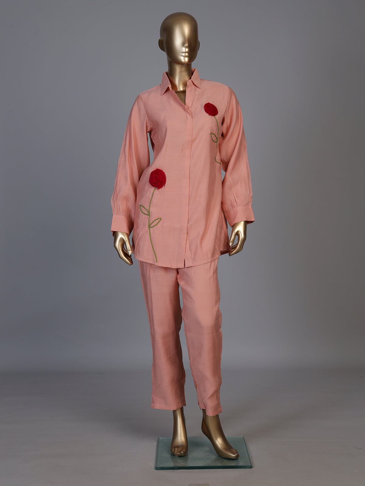 Elegant aqua blue linen co ord set with delicate threadwork