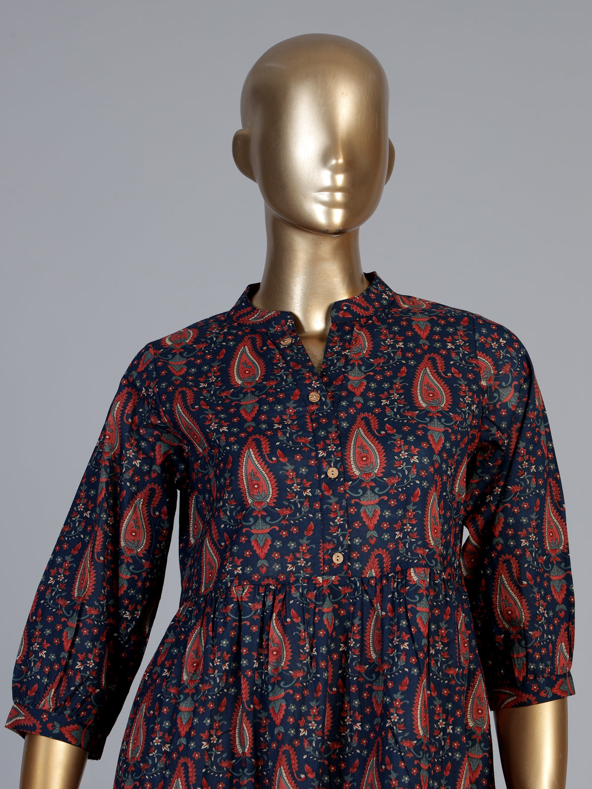 Navy cotton silk printed kurti with refined stand collar