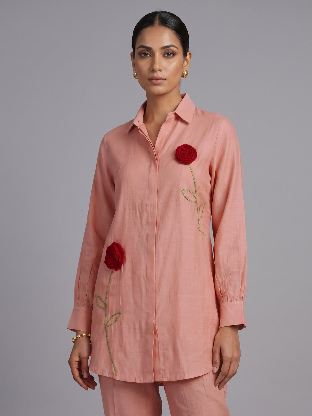 Peach linen blend co ord set with delicate threadwork