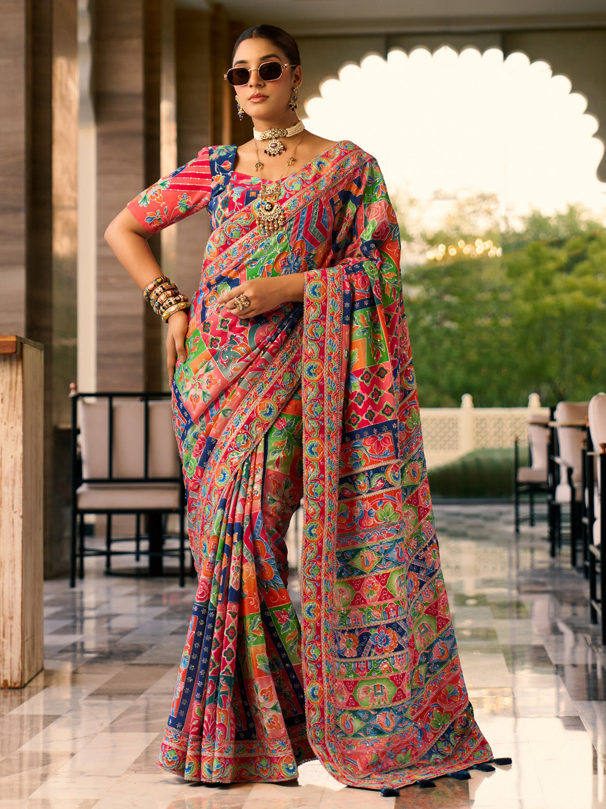 Multicolor crepe silk women patan patola printed saree