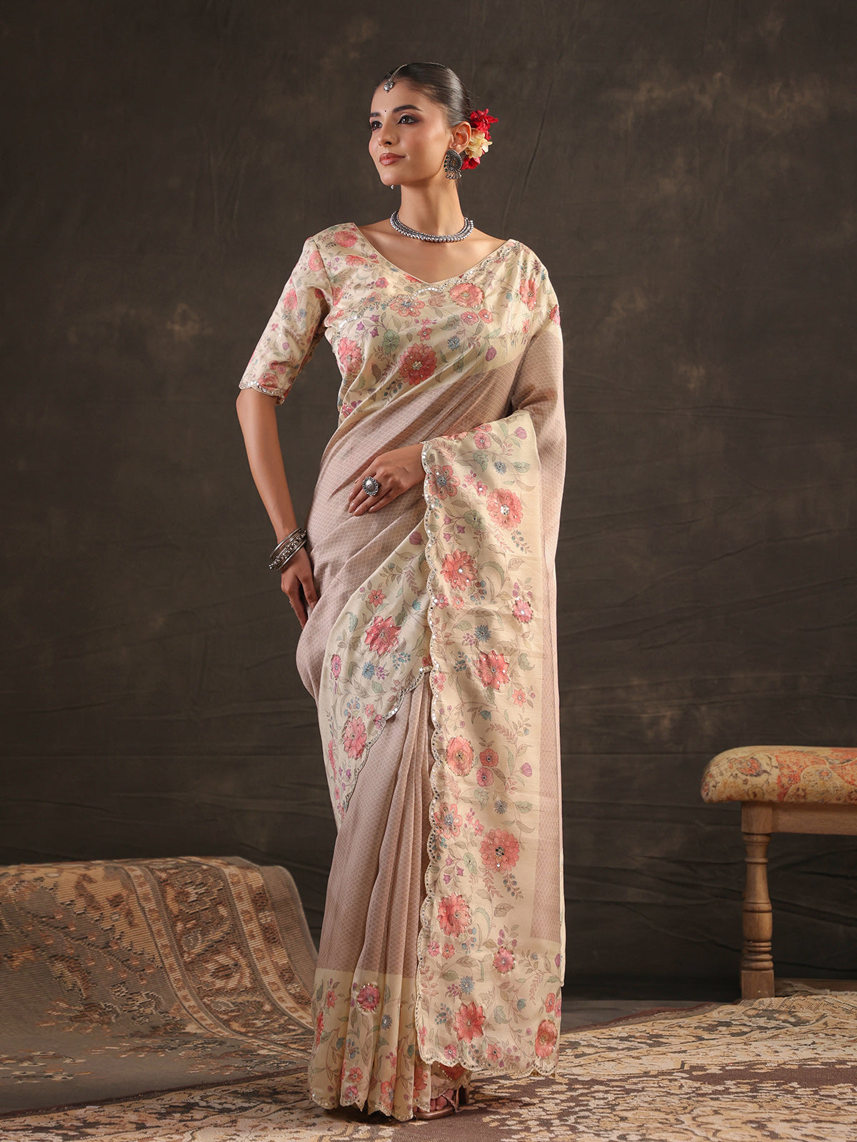 Lavender floral embellished tussar saree for women