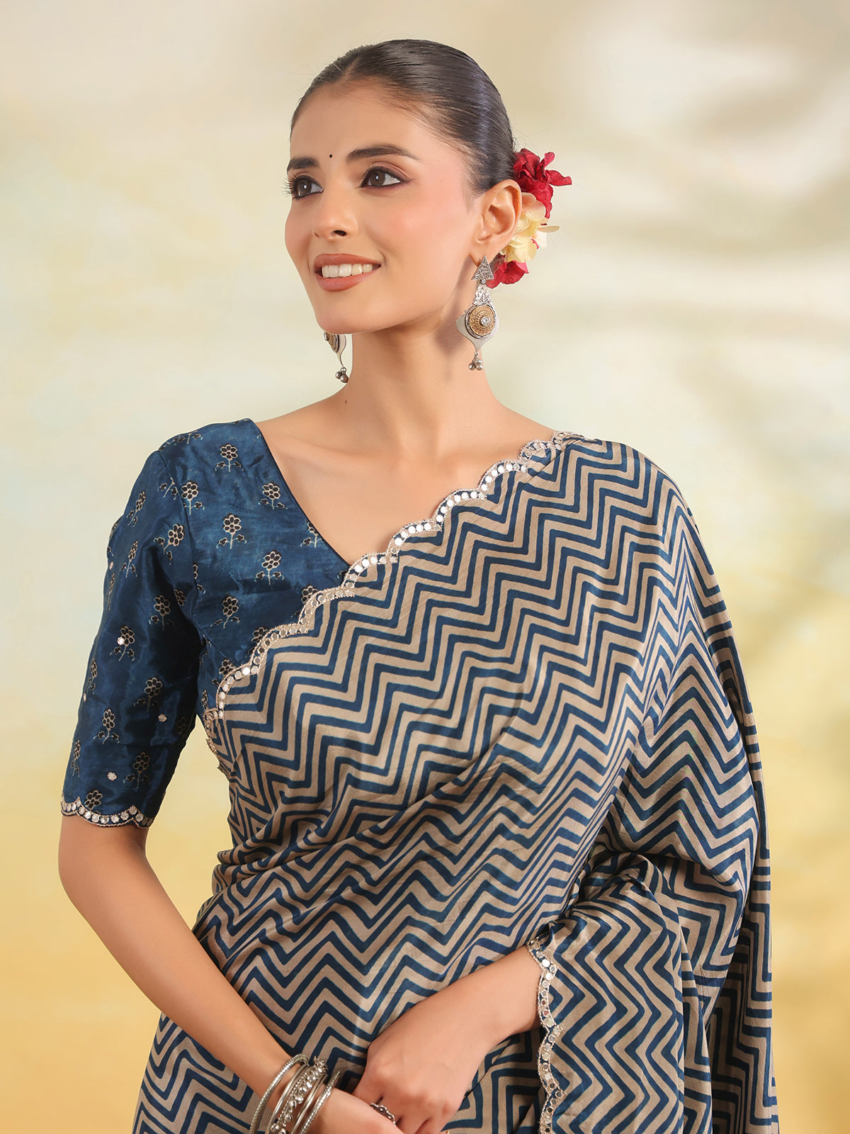 Indigo blue chevron printed saree for women